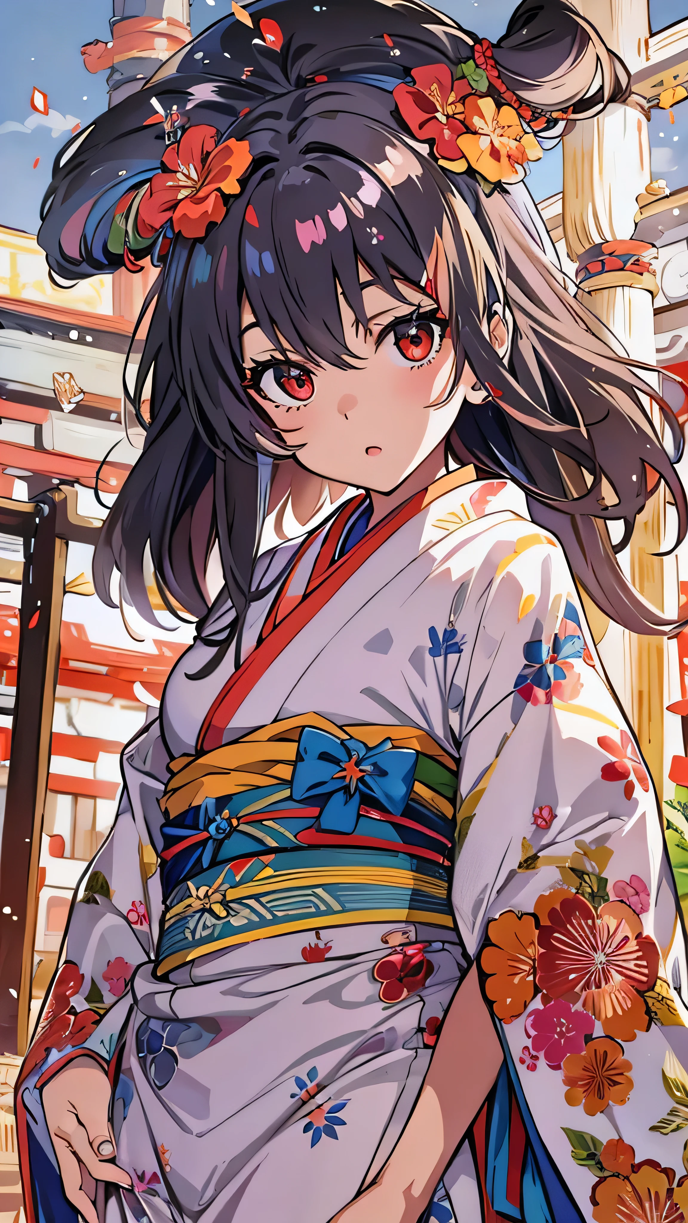   beautiful, masterpiece,   Top Quality  ,  Extremely detailed face,    perfect lighting,   1 girl, Alone,  Matoi Ryuko  , Japanese clothing, kimono, short kimono,    cowboy shot 