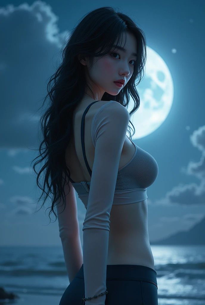 Japanese women、grassland、night、full moon、The wind is blowing strongly、goddess、White camisole、Large Breasts、Nipples、pussy,20-year-old、Sexy pose、pubic hair