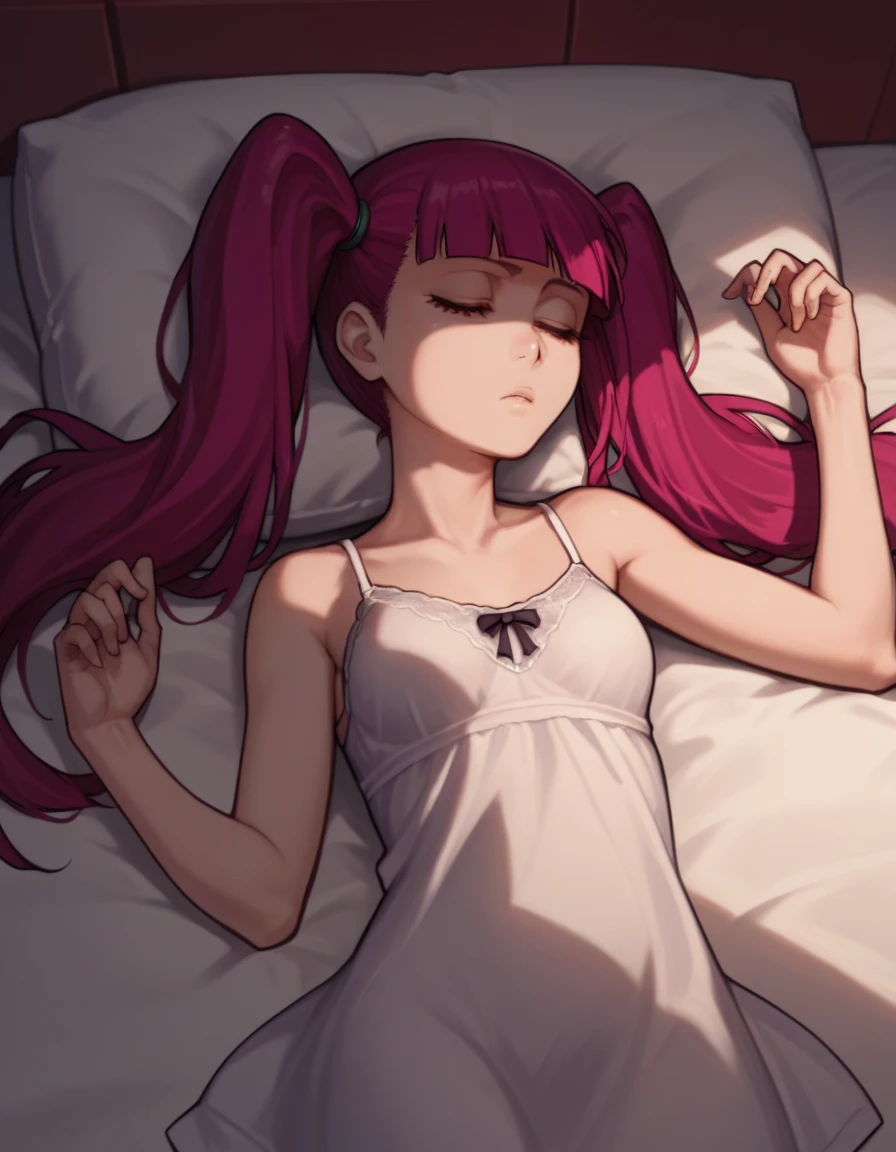 score_9, score_8_up, score_7_up, source_anime, riruka dokugamine, long hair, twintails, red eyes, purple hair, bangs, blunt bangs, small breasts,        1girl,  sleeping, on bed, lying on bed, bedroom, cowboy shot, dimly light, nightgown, night, windows