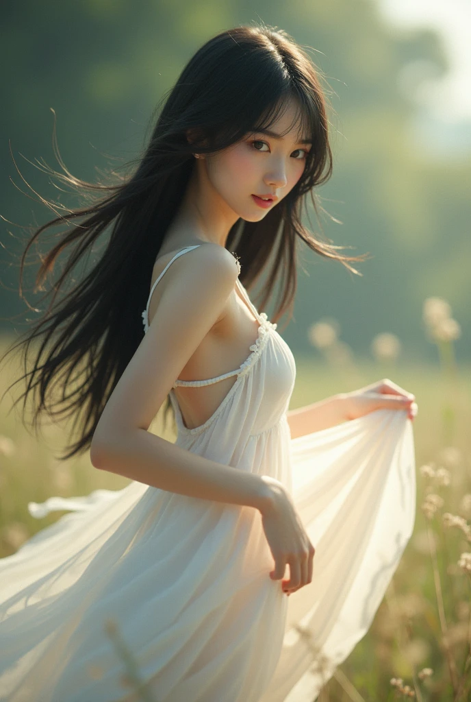 (best qualtiy:1.1) ,(realisticlying:1.1),(photography of:1.1),(highly detailed:1.1),Beautiful Meticulous Girl,(very detailed eyes and faces),(Lighting on the face),(Solo exhibition:1.2),(Beautiful Details Sky),ssee-through,Super high resolution,(Realism:1.4),Blue sky and white clouds,A sea of green grass and flowers,Original photo,20-year-old sexy model,Pretty face,Charming eyes,Slim figure,Long hair fluttering in the wind,White transparent gauze garment,White transparent skirt,Messy tops,Half-exposed chest,The shoulder straps slip off,Sexy legs,A skirt that flutters in the wind,Sit on the grass,Warm colors,Dark tones,A bottom-up perspective,Blue sky and white clouds,A sea of green grass and flowers,Original photo,Incredibly detailed,ultra-detailliert,