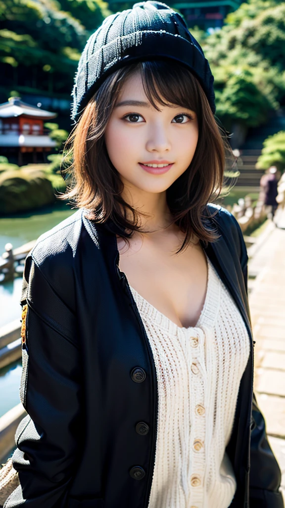Best Quality, Masterpiece, Beautiful and Aesthetic, 16K, (HDR: 1.4), High Contrast, Bokeh: 1.2, Lens Flare, (Vivid Colors: 1.4),cinematic lighting,depth of field, film lighting, ambient light, side light, exquisite details and textures, cinematic lens, warm tones, (bright and intense: 1.2), wide-angle lens, hyper-realistic, (mideum shot), BREAK 1 girl,Japanese,22 yo,beautifull detailed face,A smile with a little visible teeth,(Slender body:1.5),((Wearing a hoodie)), BREAK pastel camisole,cargo shorts, ((Have a small handbag)), Beautiful detailed skin,Skin Texture,Floating hair,((fluffy hairstyle)),Black semi-long wavy hair,(cleavage),cheerful pose,day,daylight,outdoor,braless,
