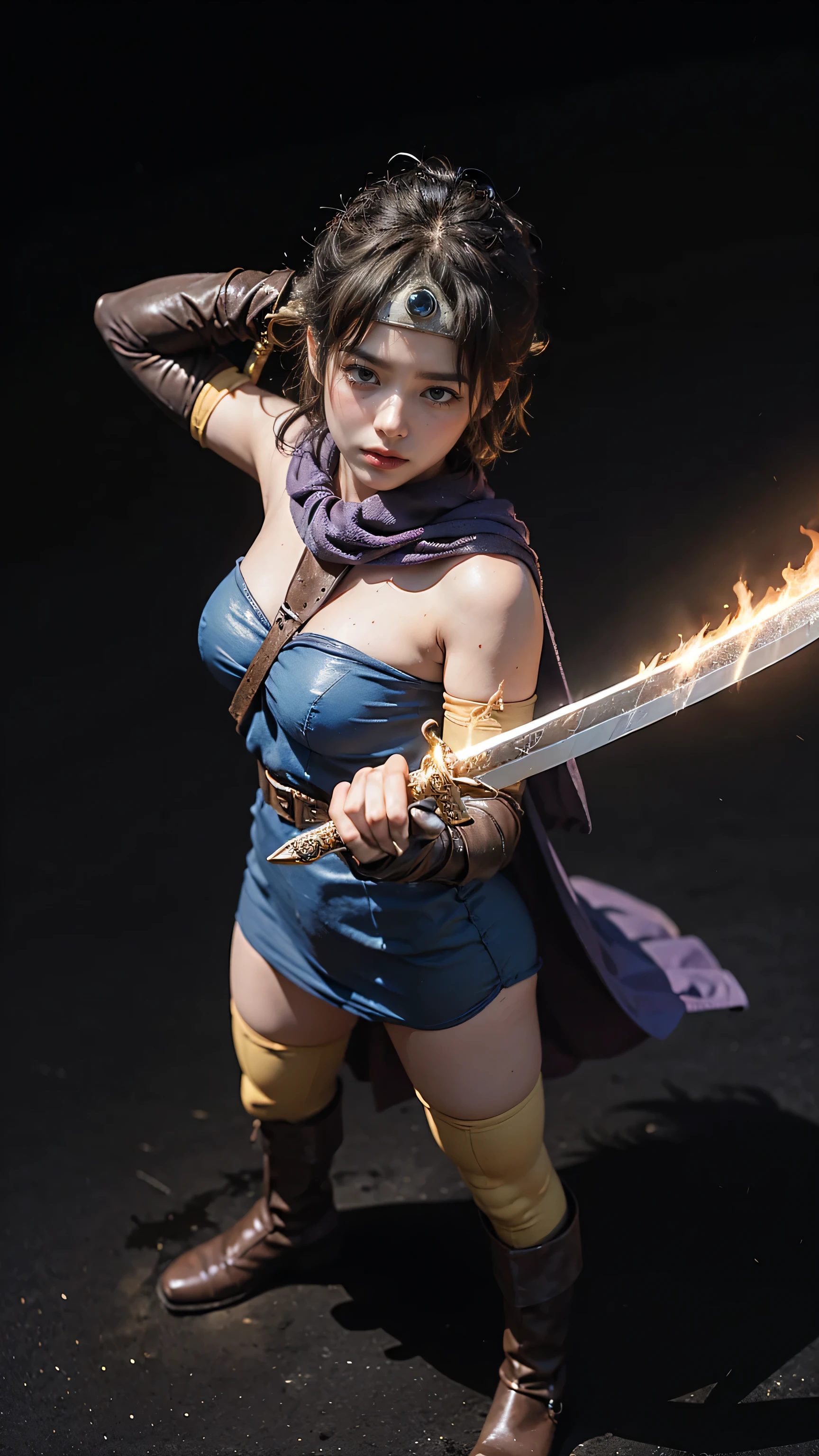 (((Burning Fire、dust)))、(simple_background」、「black_background」「no background」、roto (dq3), 1girl,face details beautiful. alone, short hair, brown hair, blue eyes, strapless, blue dress, purple cape, thighhighs, elbow gloves, boots, belt,knee boots、fullbody , (Holding sword、fighting stance).(masterpiece:1.3)、dark、Chaos、Fog、Darkness、
.((Zoom photo from above))、Enveloped in Shadows、Nocturnal Silence、