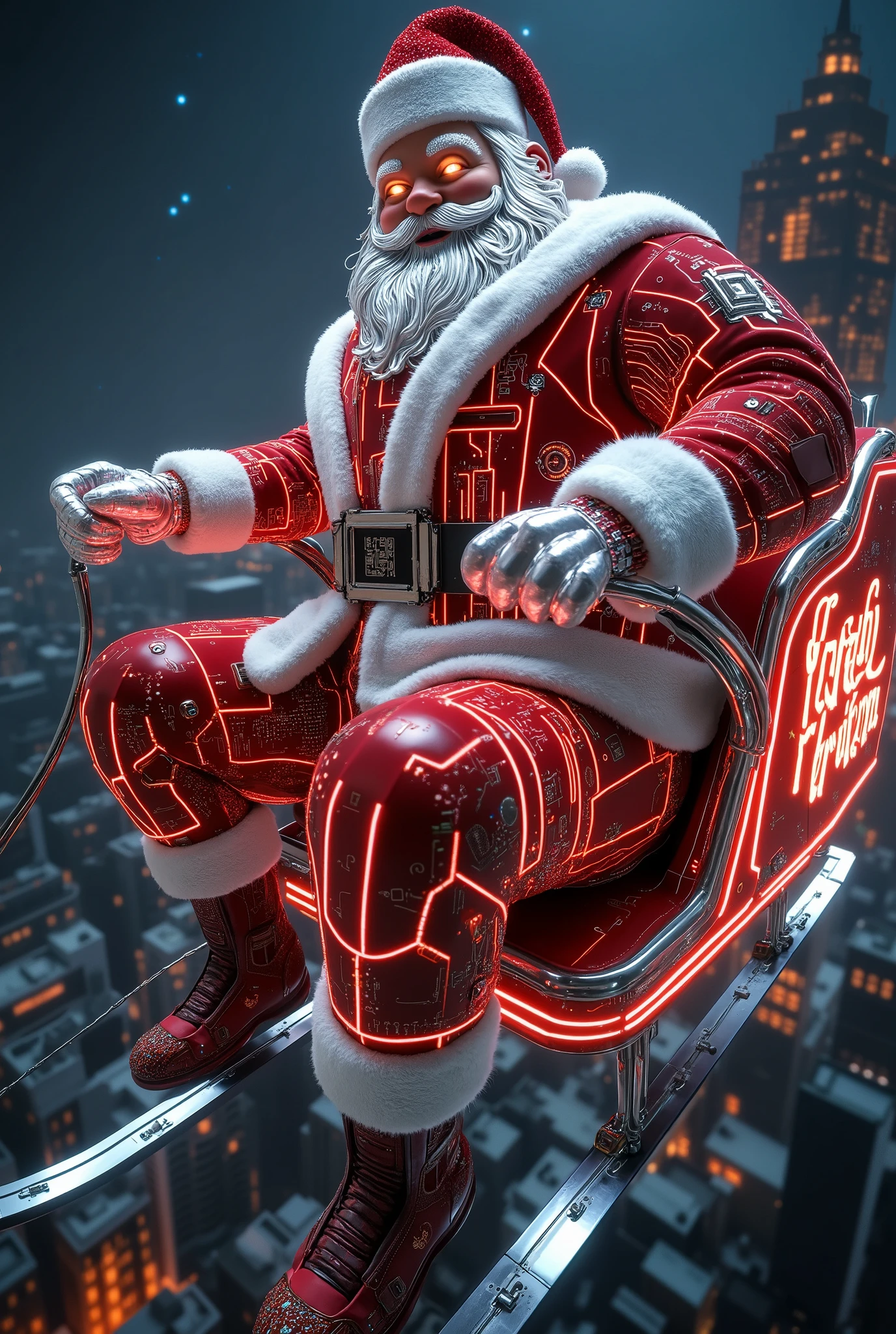 A futuristic Santa Claus, a cheerful and charismatic figure, wearing a glowing red-and-white suit with geometric patterns, metallic accents, and intricate circuit paths etched into the fabric. His robust, jovial figure boasts a neatly groomed white beard, bright blue eyes, and a radiant smile. His attire is embedded with luminous Coca-Cola branding and LED-like details, with glowing circuit lines running through the suit, giving it a high-tech, cyberpunk vibe. His expression blends joy and determination, radiating warmth and holiday spirit. Perched confidently on a sleigh, he grips glowing reins as he steers the reindeer with festive cheer and a sense of command. The scene is set high above a bustling, futuristic cityscape filled with glowing advertisements, holographic displays, and neon-lit circuit patterns adorning the buildings. The dark, starry night sky is illuminated by sparkling constellations, with vibrant city lights below and faint aurora trails adding depth. The art style combines a futuristic Coca-Cola aesthetic with sleek geometric lines, neon accents, and a cyberpunk-inspired holiday vibe, where the circuit paths pattern the entire environment, including Santa's sleigh and reins. Dynamic lighting bathes the scene in glowing red and white highlights, creating a contrast against the dark sky, while ambient reflections from the neon city below add to the atmosphere. The low-angle wide shot emphasizes the grandeur of the sleigh, with ultra-high-definition photorealistic textures, glowing edge highlights, and soft bokeh effects enhancing the depth and mood of the scene.

