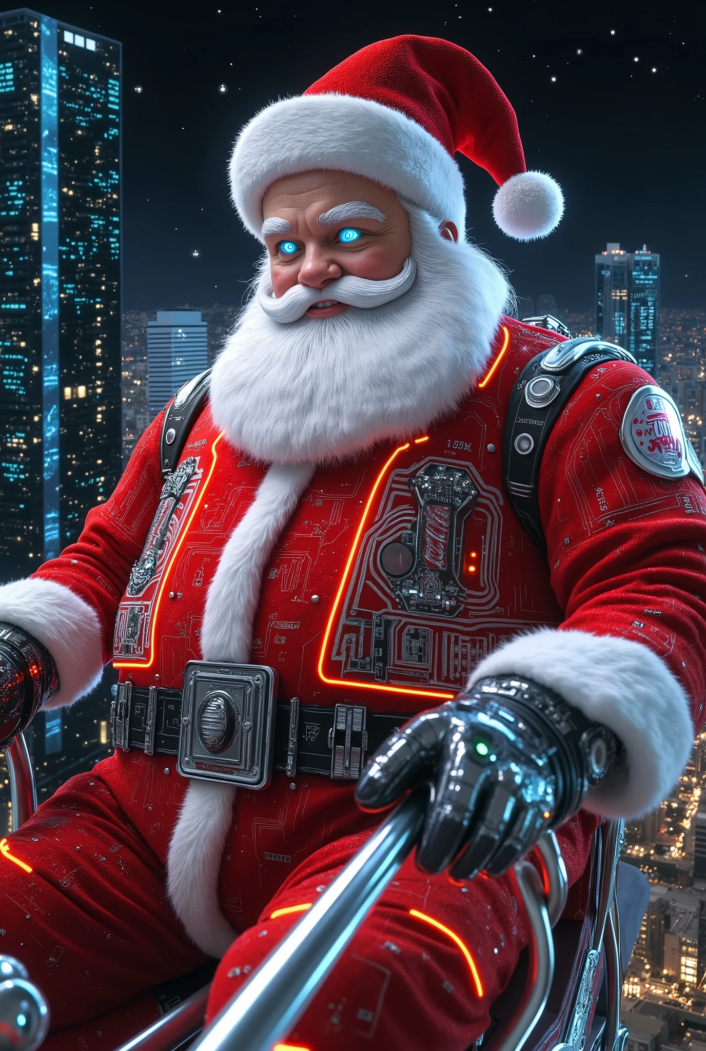 A futuristic Santa Claus, a cheerful and charismatic figure, wearing a glowing red-and-white suit with geometric patterns, metallic accents, and intricate circuit paths etched into the fabric. His robust, jovial figure boasts a neatly groomed white beard, bright blue eyes, and a radiant smile. His attire is embedded with luminous Coca-Cola branding and LED-like details, with glowing circuit lines running through the suit, giving it a high-tech, cyberpunk vibe. His expression blends joy and determination, radiating warmth and holiday spirit. Perched confidently on a sleigh, he grips glowing reins as he steers the reindeer with festive cheer and a sense of command. The scene is set high above a bustling, futuristic cityscape filled with glowing advertisements, holographic displays, and neon-lit circuit patterns adorning the buildings. The dark, starry night sky is illuminated by sparkling constellations, with vibrant city lights below and faint aurora trails adding depth. The art style combines a futuristic Coca-Cola aesthetic with sleek geometric lines, neon accents, and a cyberpunk-inspired holiday vibe, where the circuit paths pattern the entire environment, including Santa's sleigh and reins. Dynamic lighting bathes the scene in glowing red and white highlights, creating a contrast against the dark sky, while ambient reflections from the neon city below add to the atmosphere. The low-angle wide shot emphasizes the grandeur of the sleigh, with ultra-high-definition photorealistic textures, glowing edge highlights, and soft bokeh effects enhancing the depth and mood of the scene.

