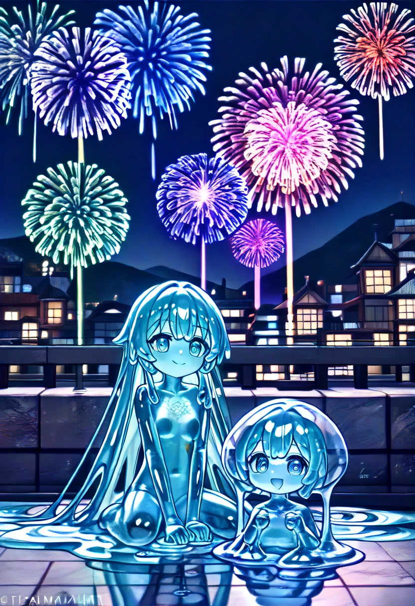 PonyScores7, source_anime, hi res, masterpiece, best quality, highres, ((Fireworks Master)), Mainly composed of fireworks, Fireworks display beyond imagination, cheerful smile, never seen, 2 girls, monster girls, slime, wish at viewer, (cute smile), (best impact:1.5), (maximalism:1.7), High resolution, super detailed, absurd, (fractal art:1.3), very long hairstyle, accurate focus, cinema 4d, looking up at the fireworks, fireworks go off in the distance, naked, uncensored, puddle, goo, without leg, transparent slime, half body, melted, outside cave, (detailed skin:1.3), (detailed eyes), (sharp focus)