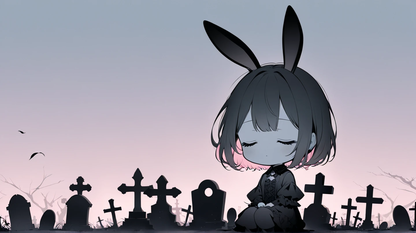 Flat Design, Silhouette Art,anime style, 1chibi character\(short hair, bunny ears, closed eyes,white skin,peaceful expression,[monochrome,dark gothic illustration:Pastel gradation color,dreamy illustration:0.3],\),solo,gentle glow, gradient background,gray and soft blue and soft pink,derelict graveyard, focus on silhouette symmetry,best quality, minimalism, simple background, 