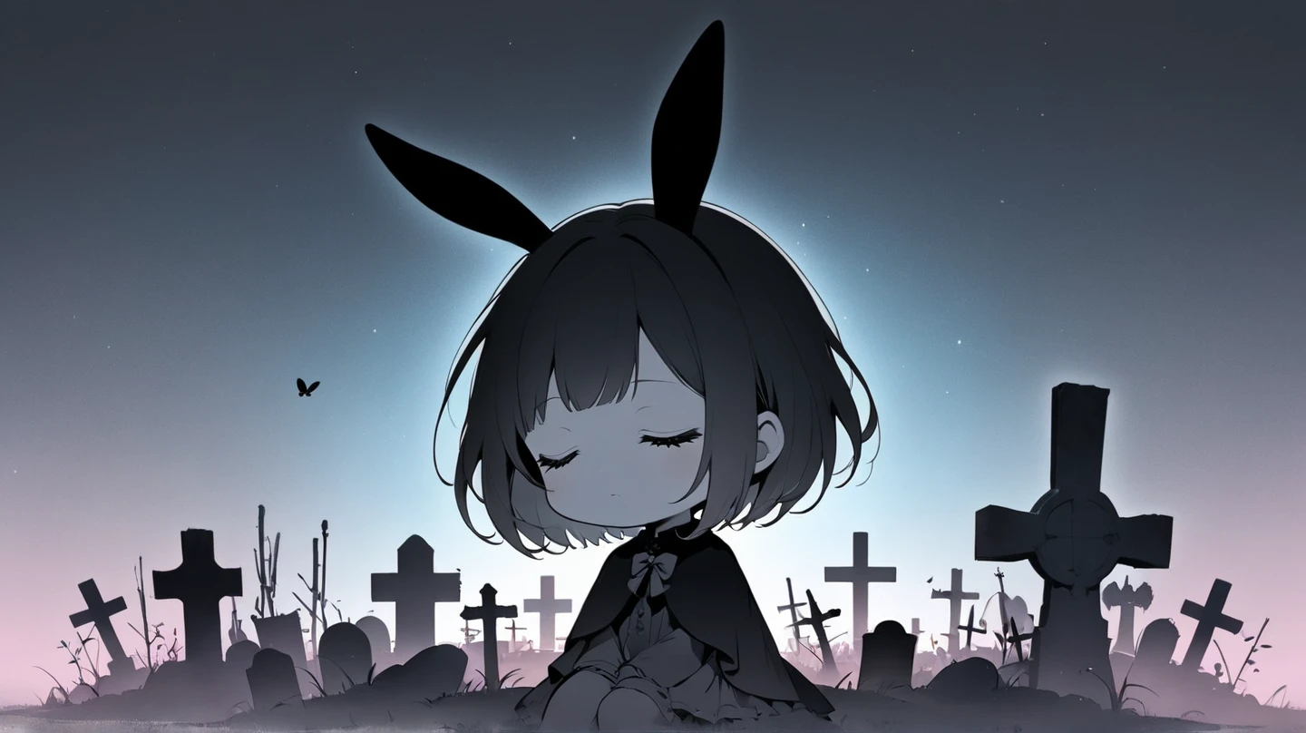 Flat Design, Silhouette Art,anime style, 1chibi character\(short hair, bunny ears, closed eyes,white skin,peaceful expression,[monochrome,dark gothic illustration:Pastel gradation color,dreamy illustration:0.3],\),solo,gentle glow, gradient background,gray and soft blue and soft pink,derelict graveyard, focus on silhouette symmetry,best quality, minimalism, simple background, 