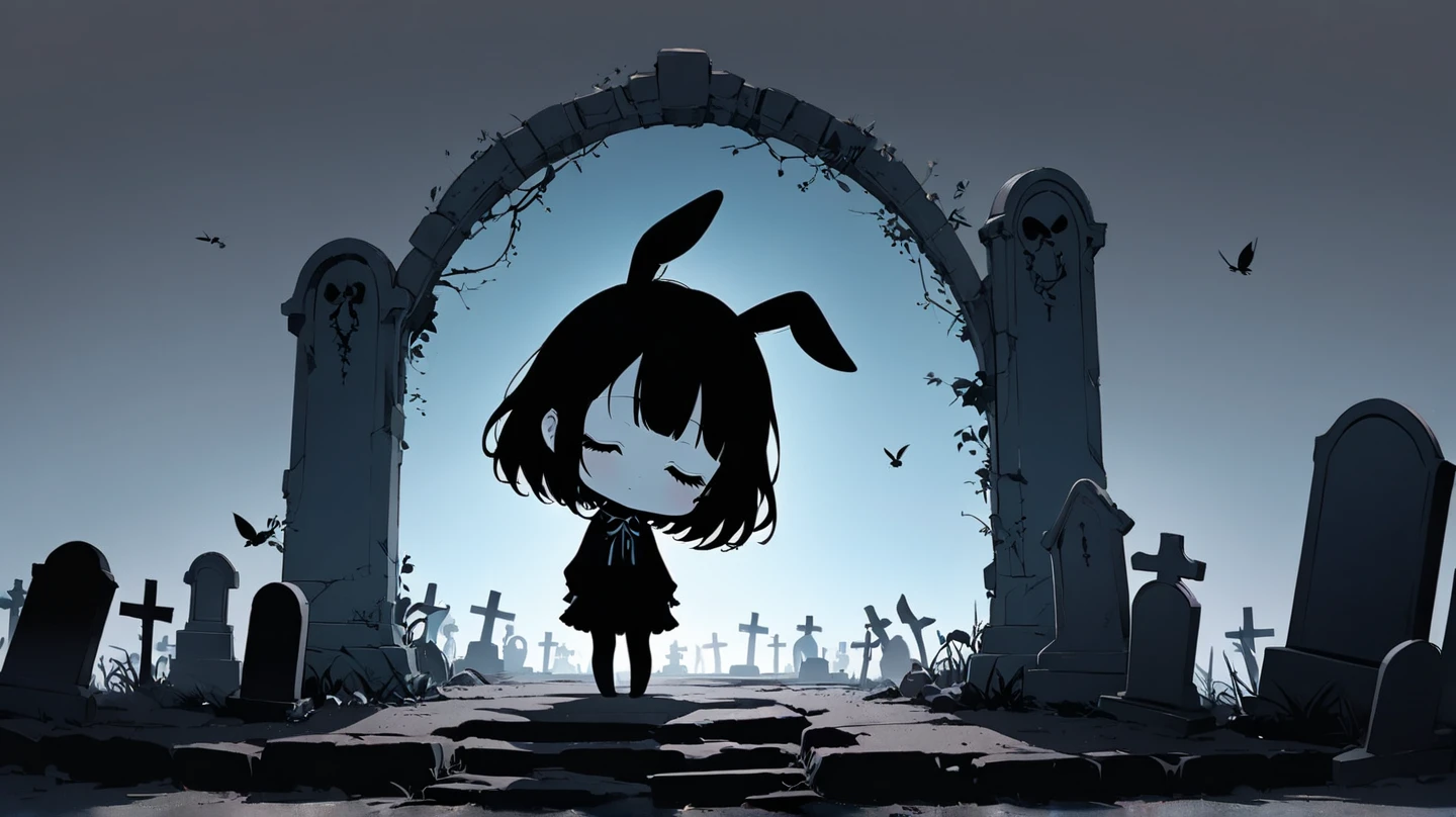 Flat Design, Silhouette Art,anime style, 1chibi character\(short hair, bunny ears, closed eyes,white skin,peaceful expression,[monochrome,dark gothic illustration:Pastel gradation color,dreamy illustration:0.3],\),solo,gentle glow, gradient background,gray and soft blue and soft pink,derelict graveyard, focus on silhouette symmetry,best quality, minimalism, simple background, 