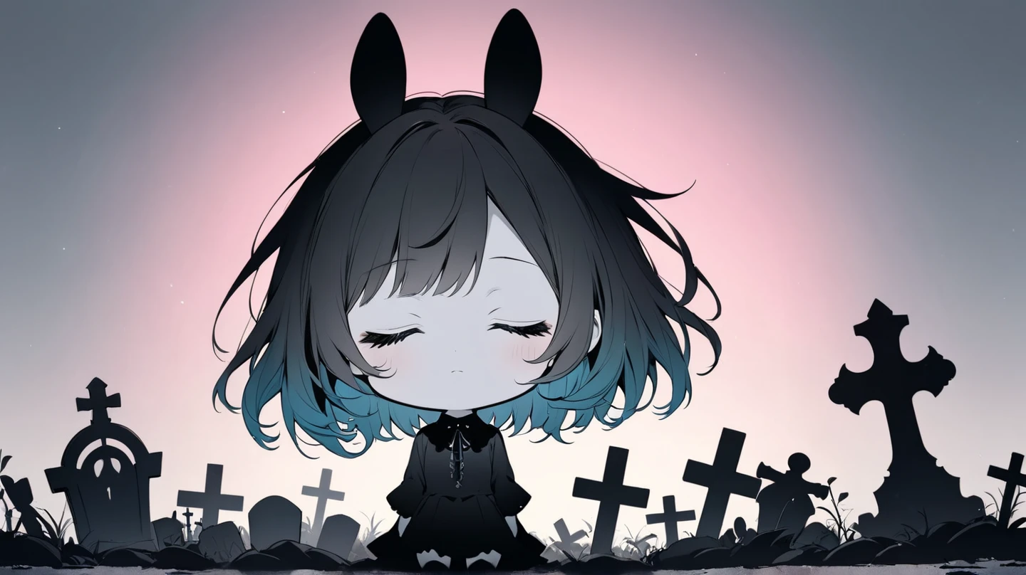 Flat Design, Silhouette Art,anime style, 1chibi character\(short hair, bunny ears, closed eyes,white skin,peaceful expression,[monochrome,dark gothic illustration:Pastel gradation color,dreamy illustration:0.3],\),solo,gentle glow, gradient background,gray and soft blue and soft pink,derelict graveyard, focus on silhouette symmetry,best quality, minimalism, simple background, 