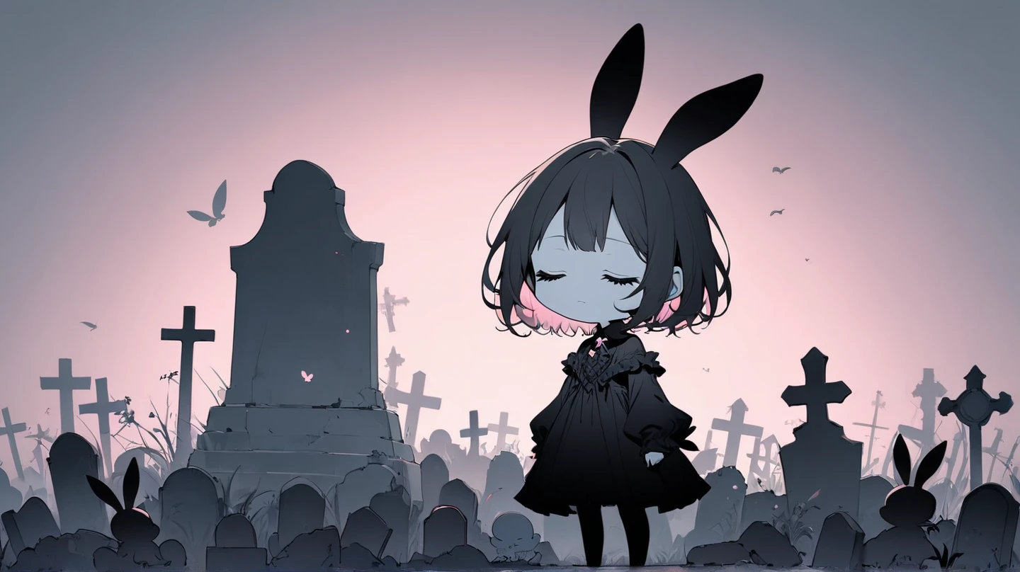 Flat Design, Silhouette Art,anime style, 1chibi character\(short hair, bunny ears, closed eyes,white skin,peaceful expression,[monochrome,dark gothic illustration:Pastel gradation color,dreamy illustration:0.3],\),solo,gentle glow, gradient background,gray and soft blue and soft pink,derelict graveyard, focus on silhouette symmetry,best quality, minimalism, simple background, 