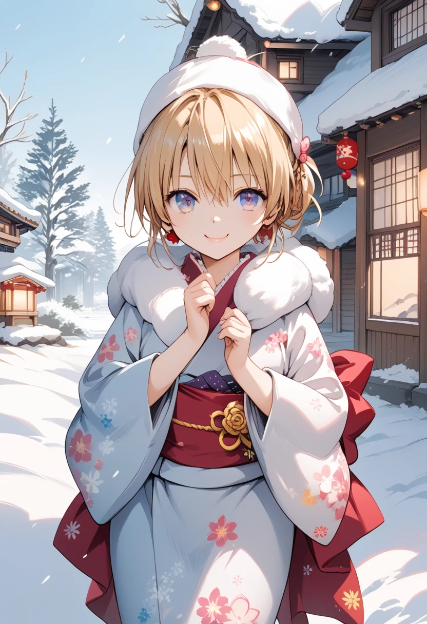 masterpiece, best quality, score_9, score_8_up, source_anime, girl, (petite), smile, kawaii, kimono, snow,