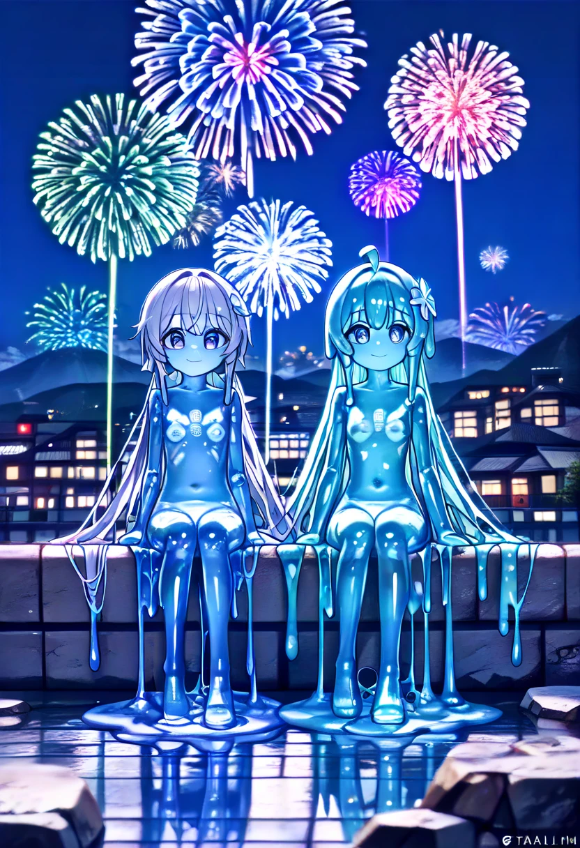 PonyScores7, source_anime, hi res, masterpiece, best quality, highres, ((Fireworks Master)), Mainly composed of fireworks, Fireworks display beyond imagination, cheerful smile, never seen, 2 girls, monster girls, slime, wish at viewer, (cute smile), (best impact:1.5), (maximalism:1.7), High resolution, super detailed, absurd, (fractal art:1.3), very long hairstyle, accurate focus, cinema 4d, sit and look at the fireworks, fireworks go off in the distance, naked, uncensored, puddle, goo, without leg, transparent slime, half body, melted, outside cave, (detailed skin:1.3), (detailed eyes), (sharp focus)