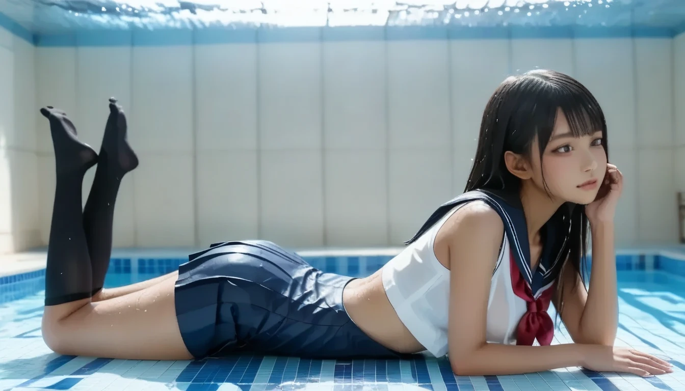  tan dark skin 、Japanese elementary school girl in wet uniform 、(underwater in a shallow pool,prone bone)、(( underboob))、 Bottom Body Closeup,Elementary school uniform,  Japanese elementary school girl 、 Black Knee High Socks 、 rear view、 elementary school student in navy pleated skirt school swimsuit、Water level where you can see your butt from the surface of the water 、 、Japanese elementary school girl  , (((wet elementary school uniform 、 sailor suit worn by wet Japanese elementary school girl 、  navy sailor color 、 wet pleated skirt 、wet school swimsuit、Black over-the-knee socks)))、 thin beautiful thighs 、 beautifully manicured hair 、 oily skin 、Two legs、(( focus on the waist ,))