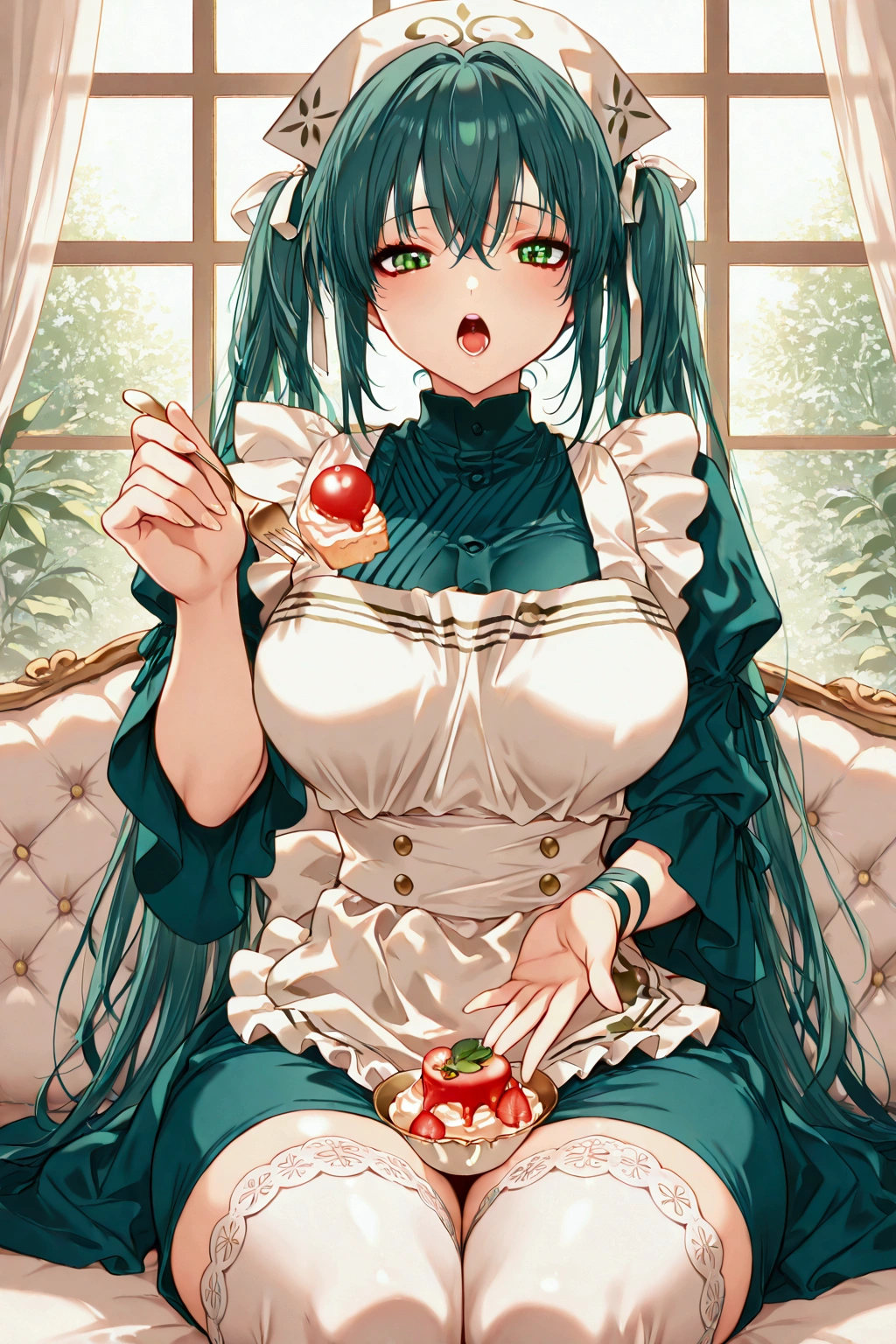 Pov, solo, tomomi harukawa from moon light lady, Tomomi Harukawa outfit, Tomomi Hair style, Laceband, twin tails of hair, Big large breast, apron, small waist, sitting, feeding viewer, fork, dessert in her hand, gaze in love, open mouth, teeth, green eyes, details in clothing, details in look, dimanic pose, luxurious room, window, daylight, focus on the fork, focus on the face,masterpiecst quality, press perfect scene , Masterpiece, score 9, anime colors, AMERICAN SHOT, beautiful, composition, HARMONY, high quality,femenine, 16k