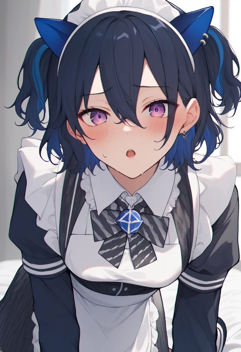 
ichinose uruha, 1girl, Virtual YouTuber, black hair, blue hair, multicolored hair, hair between eyes, short hair, two side up, purple eyes, ear piercing, earrings, on all fours ，Black and white maid outfit、Pichi Pichi，blush:1.3 ， sweaty:1、difficulty breathing、sexual expression,  embarrassing、 heart on the eye, blush,  open your mouth