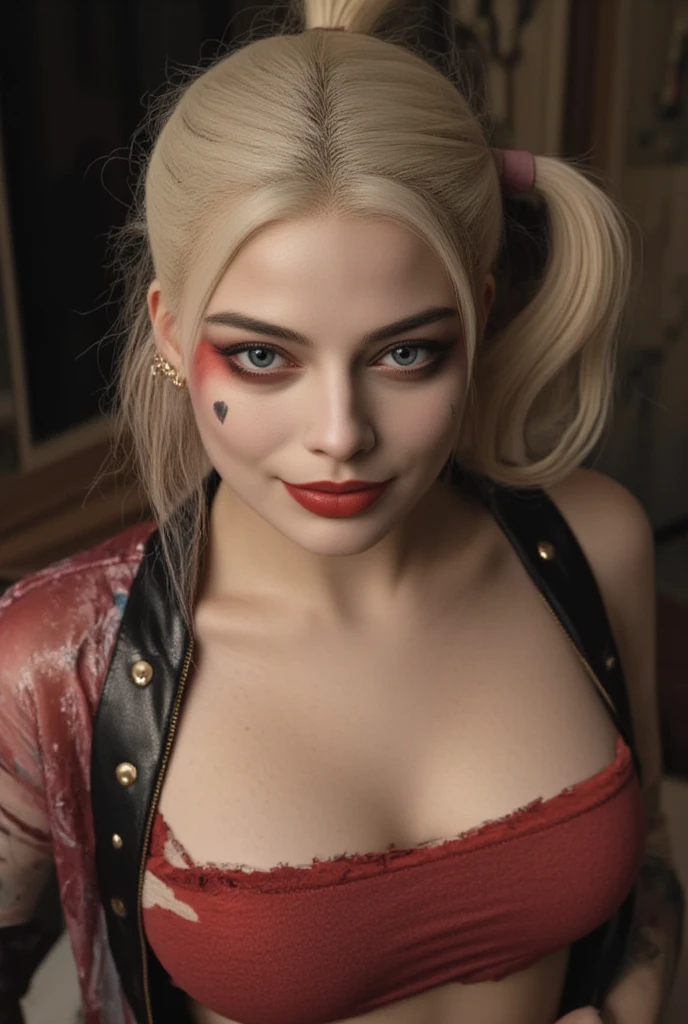 Margot Robbie,not,woman,naughty smile, very hairy pussy,darkened pussy ,Common sexy belly ,  Harlequin 