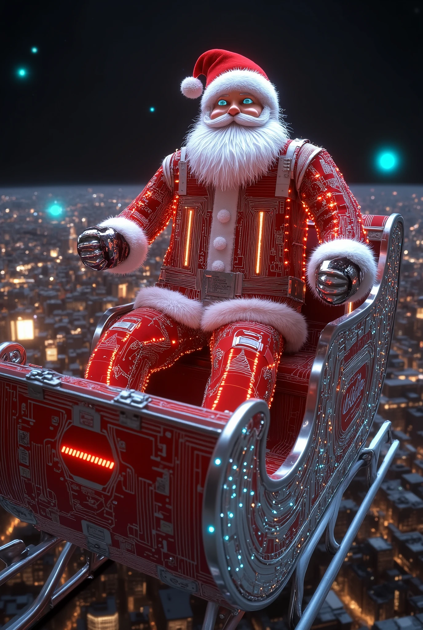 A futuristic Santa Claus, a cheerful and charismatic figure, wearing a glowing red-and-white suit with geometric patterns, metallic accents, and intricate circuit paths etched into the fabric. His robust, jovial figure boasts a neatly groomed white beard, bright blue eyes, and a radiant smile. His attire is embedded with luminous Coca-Cola branding and LED-like details, with glowing circuit lines running through the suit, giving it a high-tech, cyberpunk vibe. His expression blends joy and determination, radiating warmth and holiday spirit. Perched confidently on a sleigh, he grips glowing reins as he steers the reindeer with festive cheer and a sense of command. The scene is set high above a bustling, futuristic cityscape filled with glowing advertisements, holographic displays, and neon-lit circuit patterns adorning the buildings. The dark, starry night sky is illuminated by sparkling constellations, with vibrant city lights below and faint aurora trails adding depth. The art style combines a futuristic Coca-Cola aesthetic with sleek geometric lines, neon accents, and a cyberpunk-inspired holiday vibe, where the circuit paths pattern the entire environment, including Santa's sleigh and reins. Dynamic lighting bathes the scene in glowing red and white highlights, creating a contrast against the dark sky, while ambient reflections from the neon city below add to the atmosphere. The low-angle wide shot emphasizes the grandeur of the sleigh, with ultra-high-definition photorealistic textures, glowing edge highlights, and soft bokeh effects enhancing the depth and mood of the scene.

