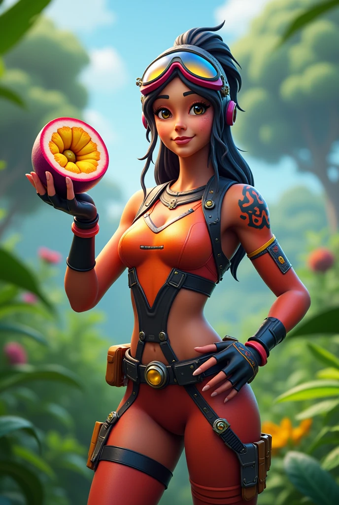 Jade, black hair, brown eyes, low ponytail,green leotard, elbow gloves ,fishnets, looking at viewer, smiling, happy, standing, medium shot, inside supermarket, holding pineapple, bright lighting, high quality, masterpiece, <lora:JADE-11MK11v8:.7>