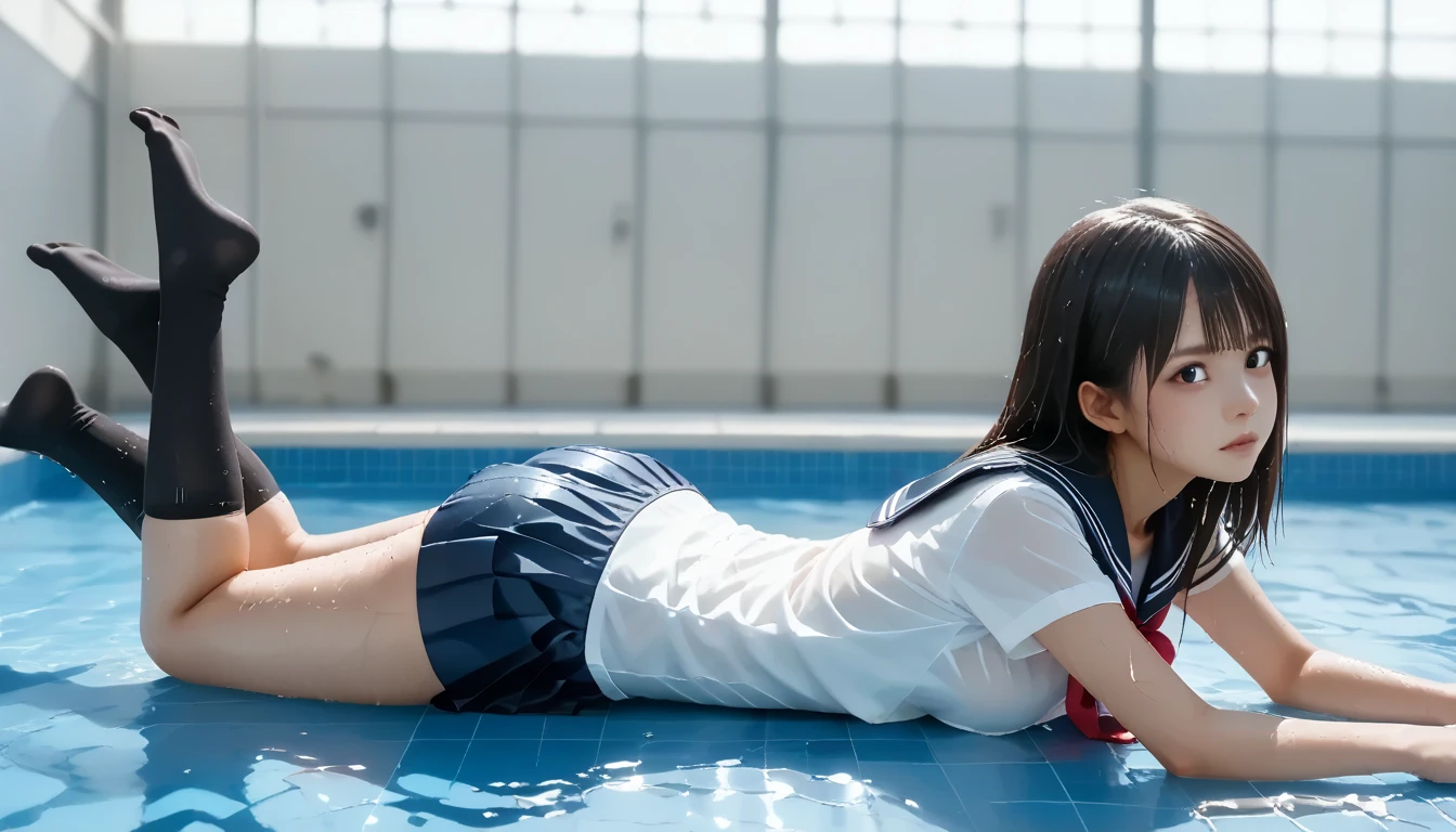 Clear Face、1080P、Japanese ***************** girl in wet uniform 、(underwater in a shallow pool,prone bone)、(( underboob))、 Bottom Body Closeup,Elementary ****** uniform,  Japanese ***************** girl 、 Black Knee High Socks 、 rear view、 ************************* in navy pleated skirt school swimsuit、Water level where you can see your butt from the surface of the water 、 、Japanese ***************** girl  , (((wet elementary school uniform 、 sailor suit worn by wet Japanese ***************** girl 、  navy sailor color 、 wet pleated skirt 、wet school swimsuit、Black over-the-knee socks)))、 thin beautiful thighs 、 beautifully manicured hair 、 oily skin 、Two legs、(( focus on the waist ,))