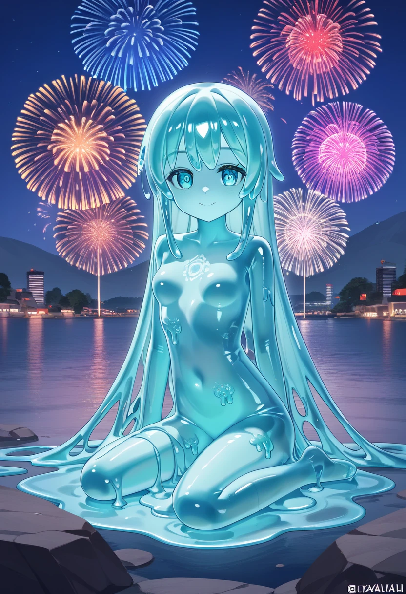 PonyScores7, source_anime, hi res, masterpiece, best quality, highres, ((Fireworks Master)), Mainly composed of fireworks, Fireworks display beyond imagination, cheerful smile, never seen, 2 teenage girls, monster girls, slime, wish at viewer, (cute smile), (best impact:1.5), (maximalism:1.7), High resolution, super detailed, absurd, (fractal art:1.3), very long hairstyle, accurate focus, cinema 4d, sit and look at the fireworks, fireworks go off in the distance, naked, uncensored, puddle, goo, without leg, transparent slime, half body, melted, outside cave, (detailed skin:1.3), (detailed eyes), (sharp focus)