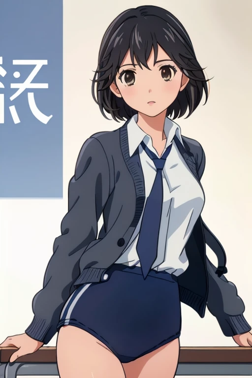 masterpiece, best quality,
solo, vivid color
 1girl, solo, brown eyes, black hair 
school uniform, white shirt, cardigan, blue jacket, necktie,wearing a Black gymnastics bloomers, High leg、white blouse, cowboy shot