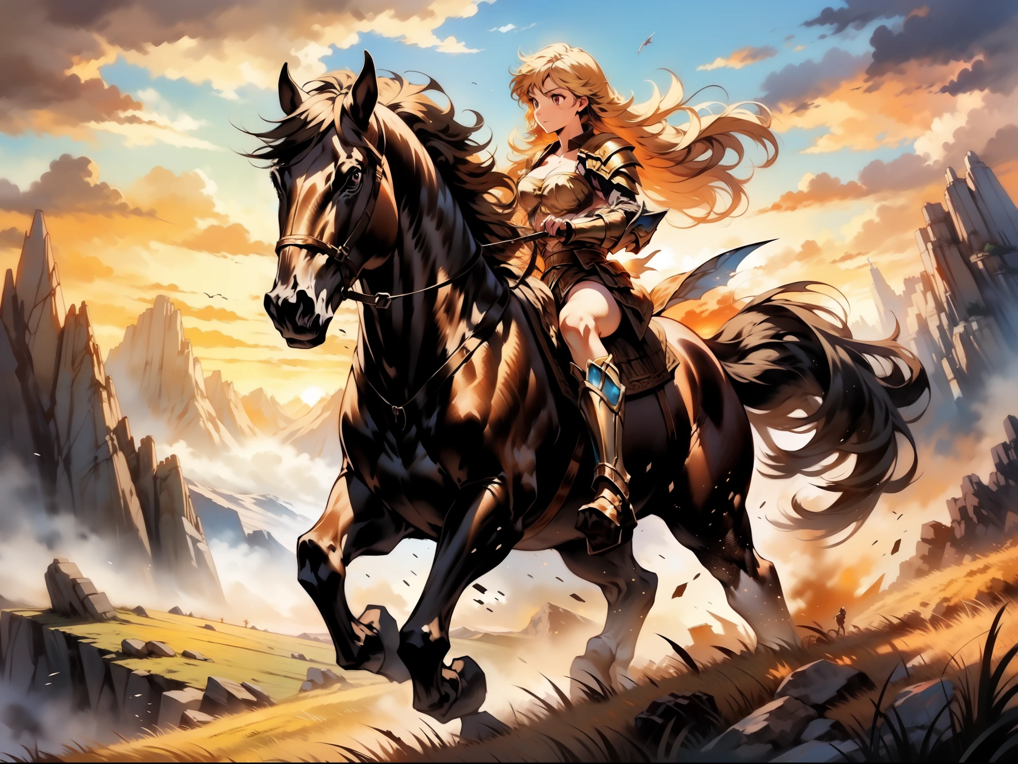 ((best quality)), ((anime masterpiece)), (high detailed), 8k, cinematic lighting, perfect face, perfect hand, large breast, cleavage, riding, horse, (((a young woman wearing a warrior armor watching a sunset while riding on a BROWN HORSE)), ([yang xiao long, bangs, {blonde hair}]), (armor, cleavage, bare legs, boots, sword on the back)), BREAK, ([brown horse, saddle, reins, bridle, standing]), solo, (on the grassland, mountainside, medieval settings:1), both hand holding rein, from side: 1, anatomically correct