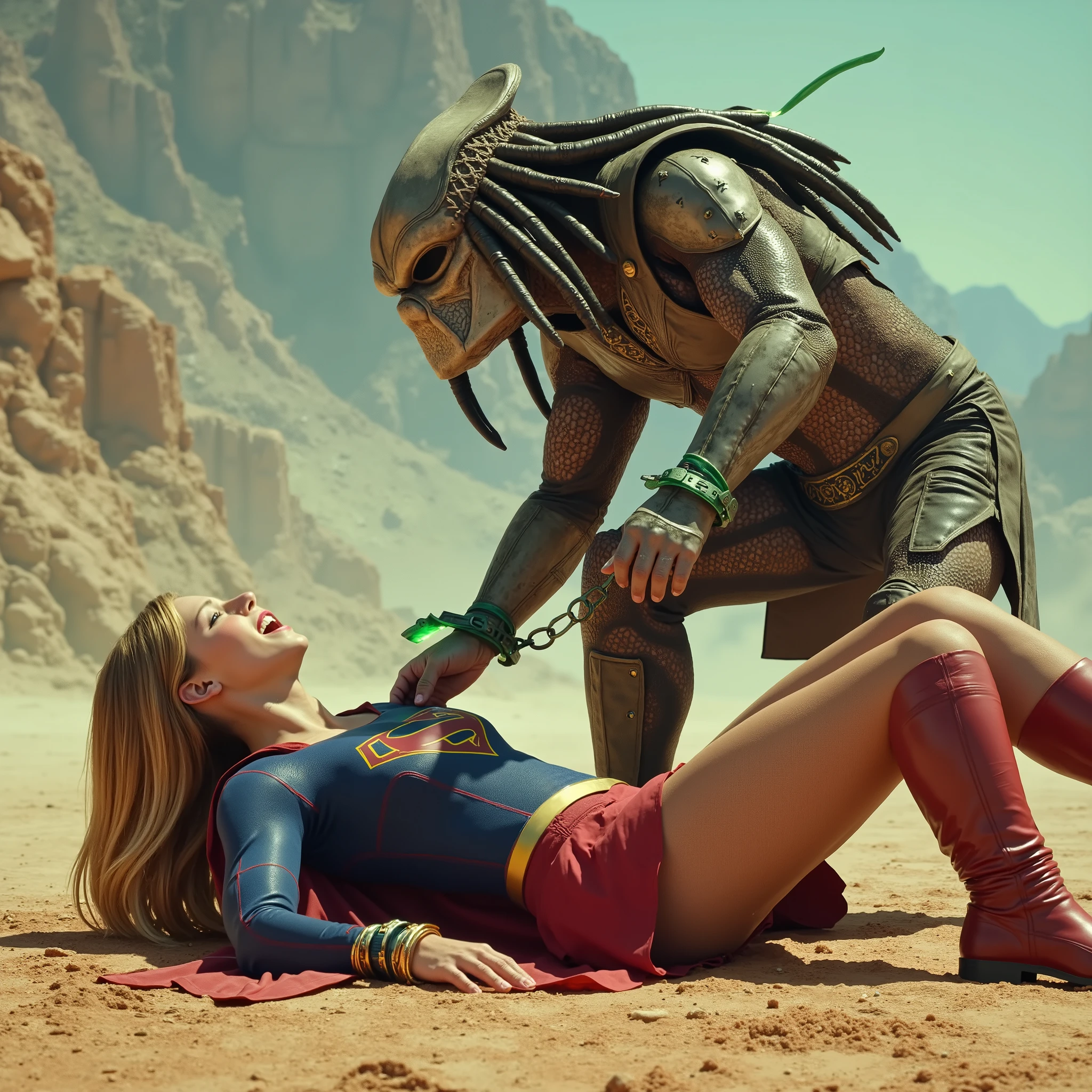 Realistic, hyperrealism, masterpiece, Supergirl is laying flat on the dirt, dirty body, she was handcuffed with a green lighting handcuff, Supergirl is tied wrists with handcuff together, a green lighting collar on her neck, severe painful face, painful face, in the desert, very bright light at noon, She is wearing a Supergirl costume as seen on TV series "Supergirl", leather fabric, ((she is wearing leather red skirt)), ((thin transparent grey color pantyhose and red leather knee height boots:1.8)), Supergirl is attacking by Predator, she is defeated and injury, wounded, Predator is kneeling bestride, Supergirl body is between the predator legs, the predator stab Supergirl chest with lighting green spear, the Supergirl face is painful and crying, she is seriously injured, a lot of blood on her body, background with canyon atmosphere,