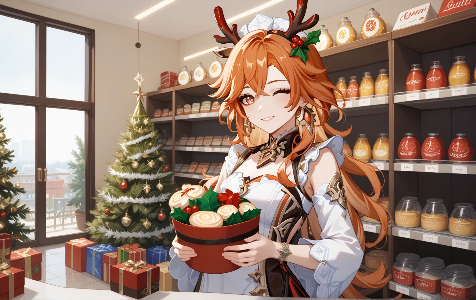 1girl, Mavuika (Genshin Impact), woman standing in a store, holding a cat in her arms. She is wearing a white dress with a floral pattern and has a pair of red reindeer antlers on her head. The cat is a tabby with brown and white fur and is looking directly at the camera with a smile on its face. The woman is standing in front of a Christmas tree decorated with red and green ornaments and lights. In the background, there are shelves with various items on display. The overall mood of the image is cheerful and festive.