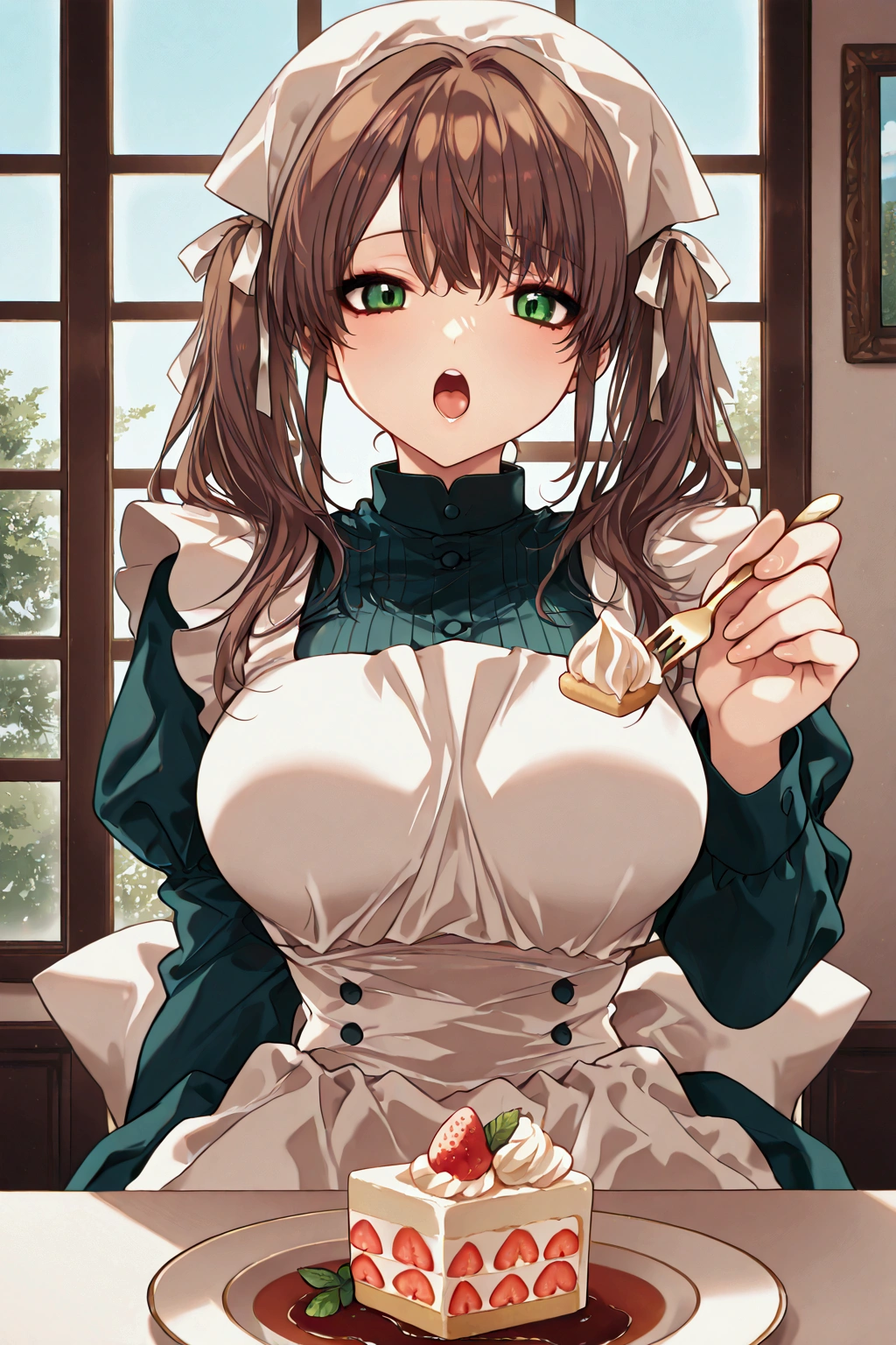 Pov, solo, harukawa tomomi, brown hair, Tomomi Harukawa Maid uniform, Tomomi Hair style, Laceband, twin tails of hair, Big large breast, apron, small waist, sitting, feeding viewer, fork, dessert in her hand, gaze in love, open mouth, teeth, green eyes, details in clothing, details in look, dimanic pose, luxurious room, window, daylight, focus on the fork, focus on the face,masterpiecst quality, press perfect scene , Masterpiece, score 9, anime colors, AMERICAN SHOT, beautiful, composition, HARMONY, high quality,femenine, 16k