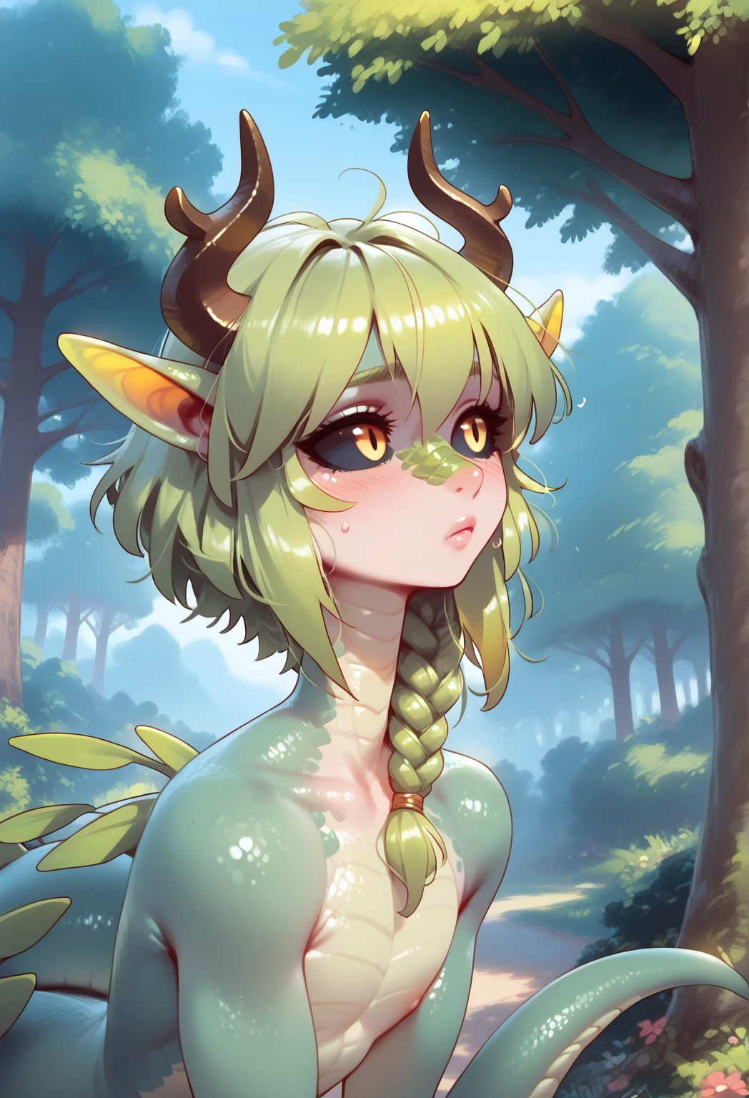 Prompt: score_9, score_8_up, (masterpiece), best quality,1boy, dryad femboy, monsterboy, green skin, long leaf hair, braided sidelocks, fluffy bangs, black sclera, (petite), thick thighs, dragon tail, (lots of scales on outside of hips, scales on outside of arms), scaleborn, big branch horns, forest, trees, in the wild, curious, fashion photography composition,