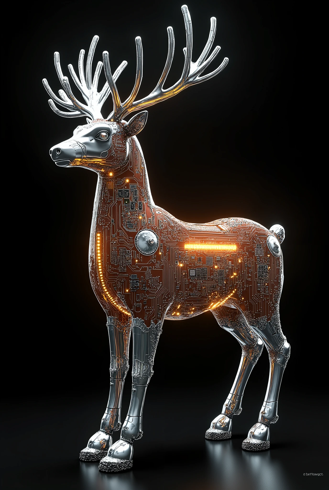 circuit paths style,Digital deity Reindeer composed of circuit paths,motherboard texture with glowing LED elements,silver traces forming legs and antlers,quantum processor decoration,color scheme of brown and silver,ray traced rendering.,3D model,3D rendering,photorealistic,