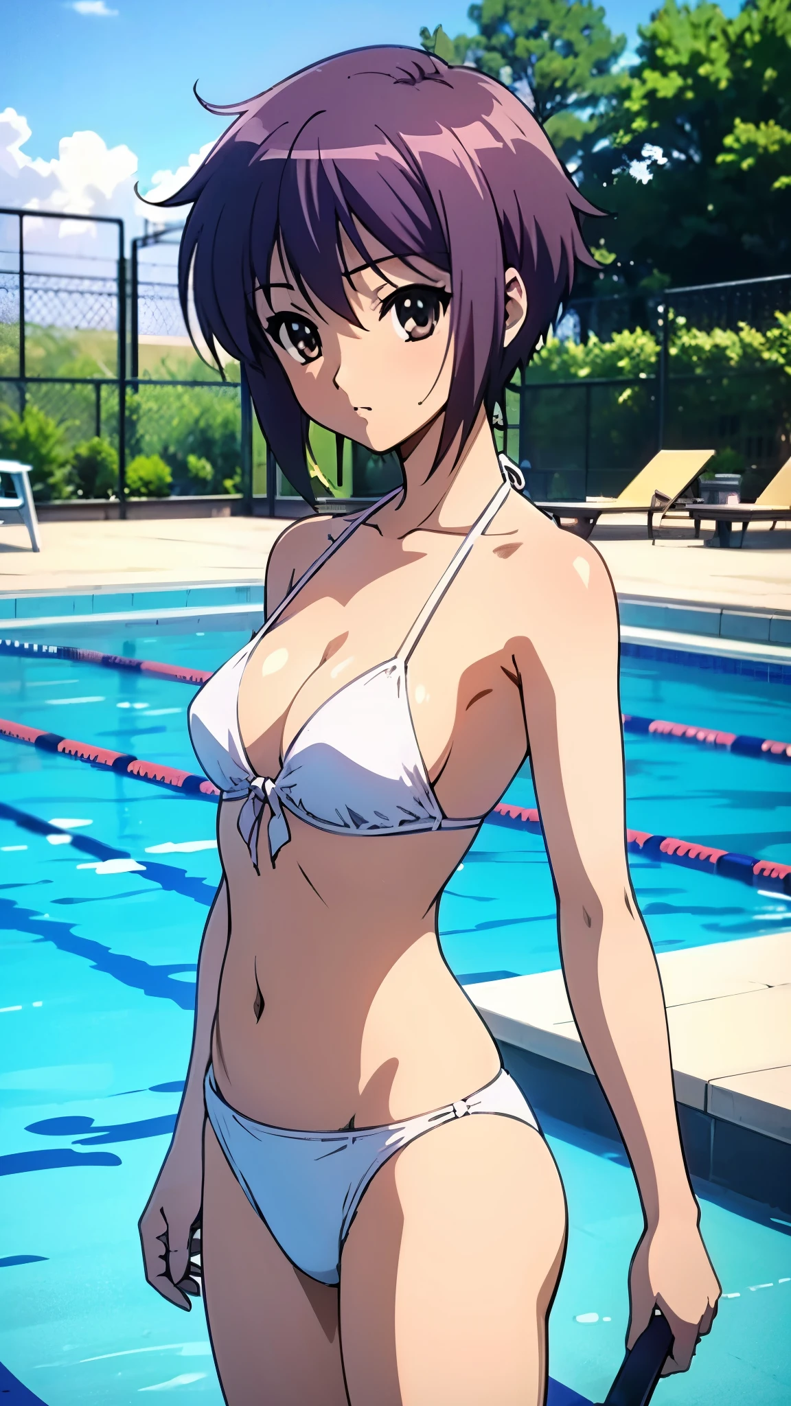 1girl,Micro Bikini,smile,Short Hair,NSFW,School swimming pool,Two male students around,Small breasts