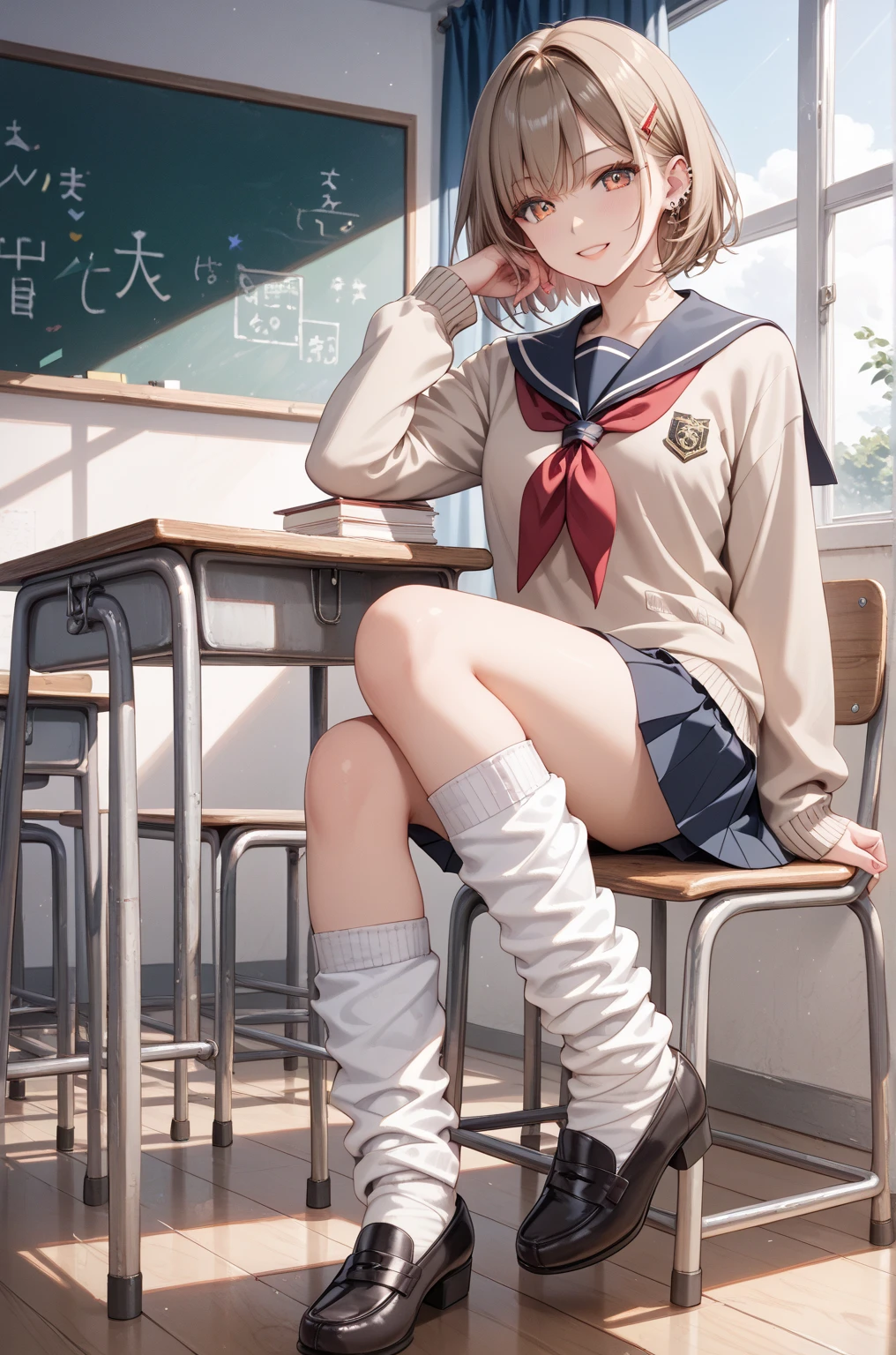 ((inspired by  Japanese school girl))(masterpiece, best quality),beautiful, ultra realistic, beautiful-woman, ((detailed face)).(full body:1.3)., 

The woman is wearing school uniform and loose socks, (loose socks:1.5), she is wearing a navy sailor-school-uniform with a red neckerchief and a navy skirt, knit cardigan,sailor collar,long sleeves,black loafers,naughty face,[slant eyes],false eyelashes,piercing,short hair,bright brown hair,blond streaked hair, 1-woman,18 years old,The background is a school classroom 