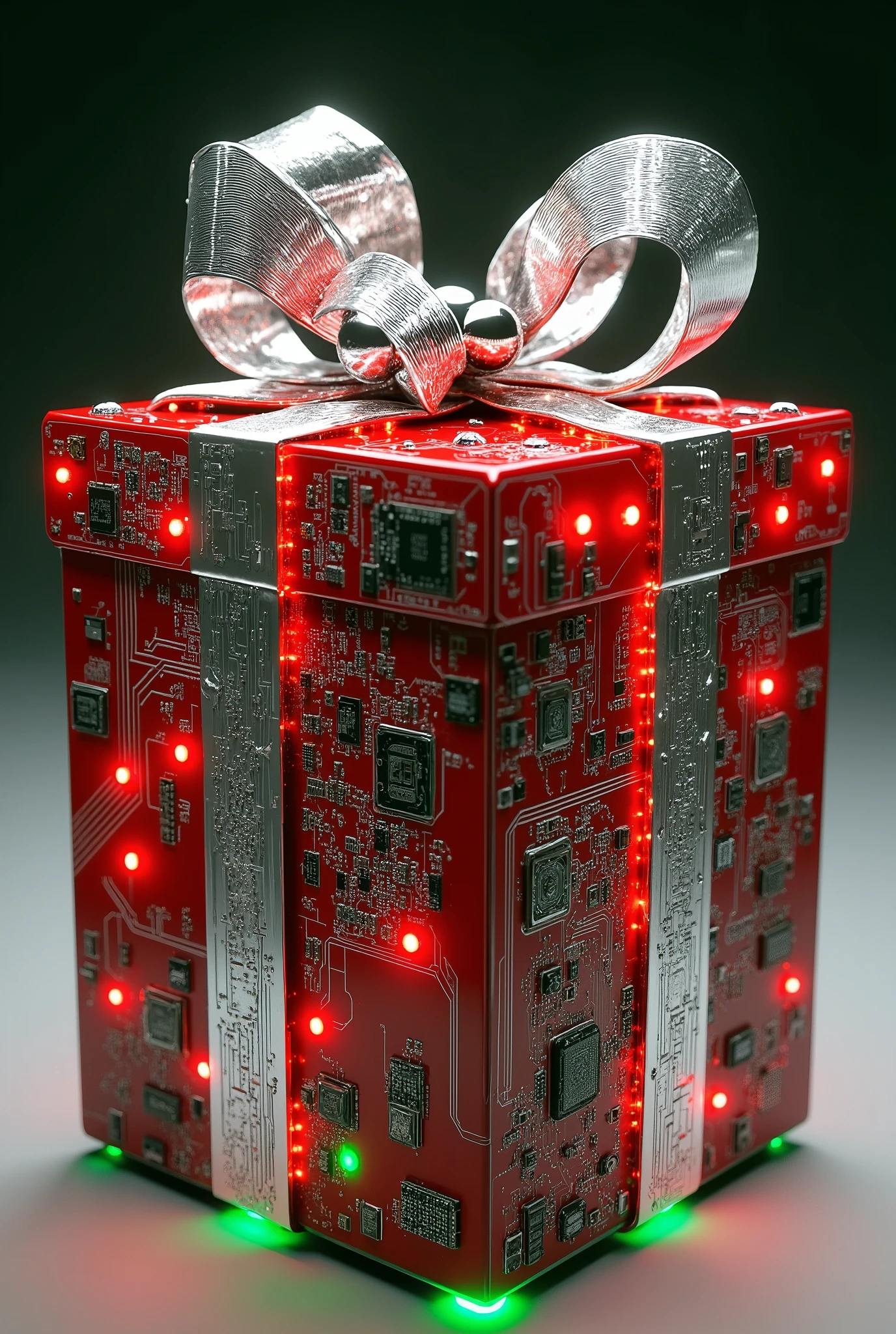 circuit paths style,Digital deity Gift Box composed of circuit paths,motherboard texture with glowing LED elements,silver traces forming the bow and wrapping,quantum processor decoration,color scheme of red and green,ray traced rendering.,3D model,3D rendering,photorealistic,