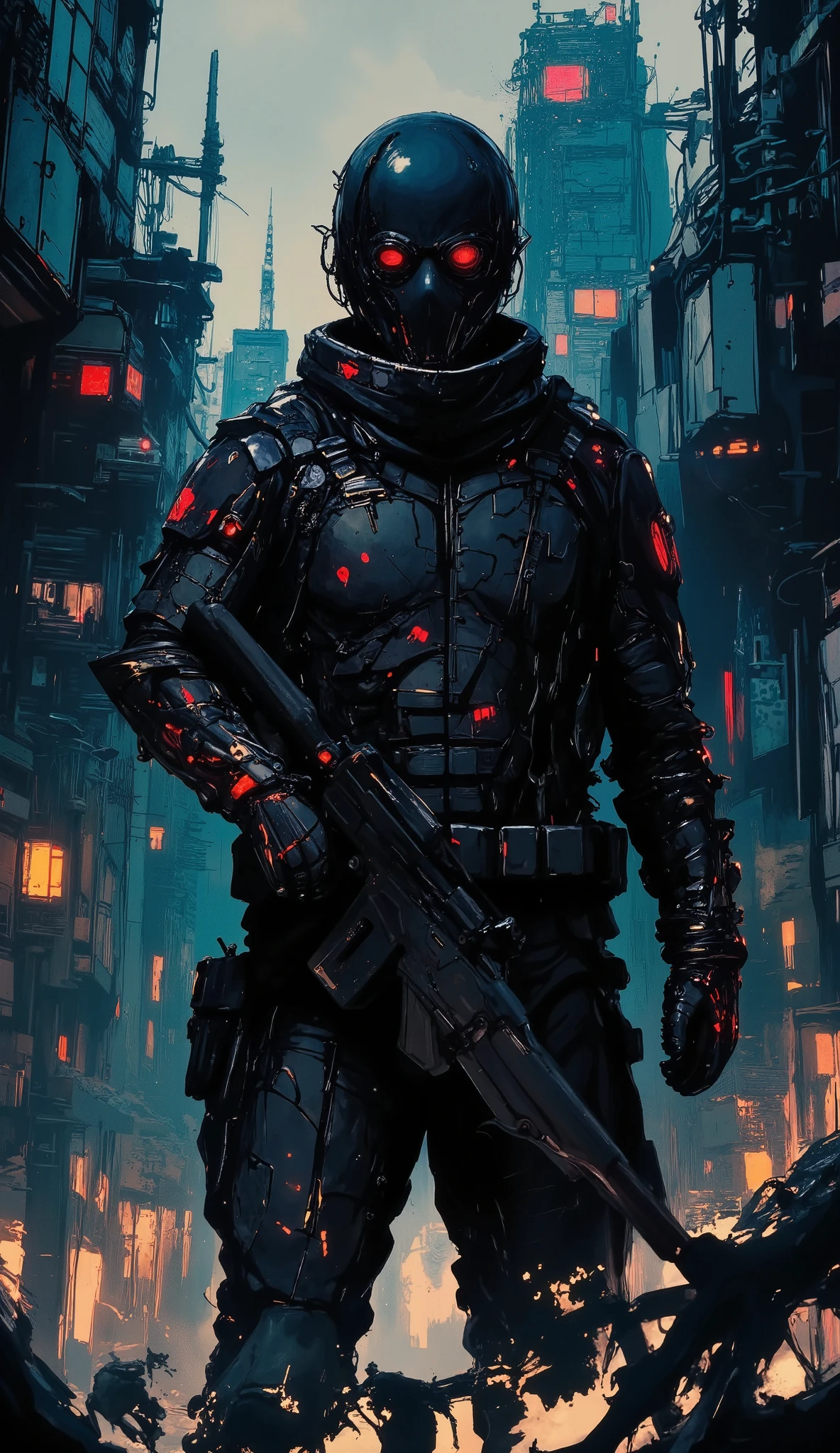 A close up of a person wearing a gas mask and holding a rifle., ((blue)), Dark Cyberpunk Illustration , ( apocalyptic ) 8K, Wojtek FUS, Detailed 4K digital art,  Sci-Fi digital art illustration, apocalyptic 8K, apocalyptic 8K, Epic digital art illustration, andreas rocha style,  cyberpunk soldier , just a joke, soldier with a gas mask