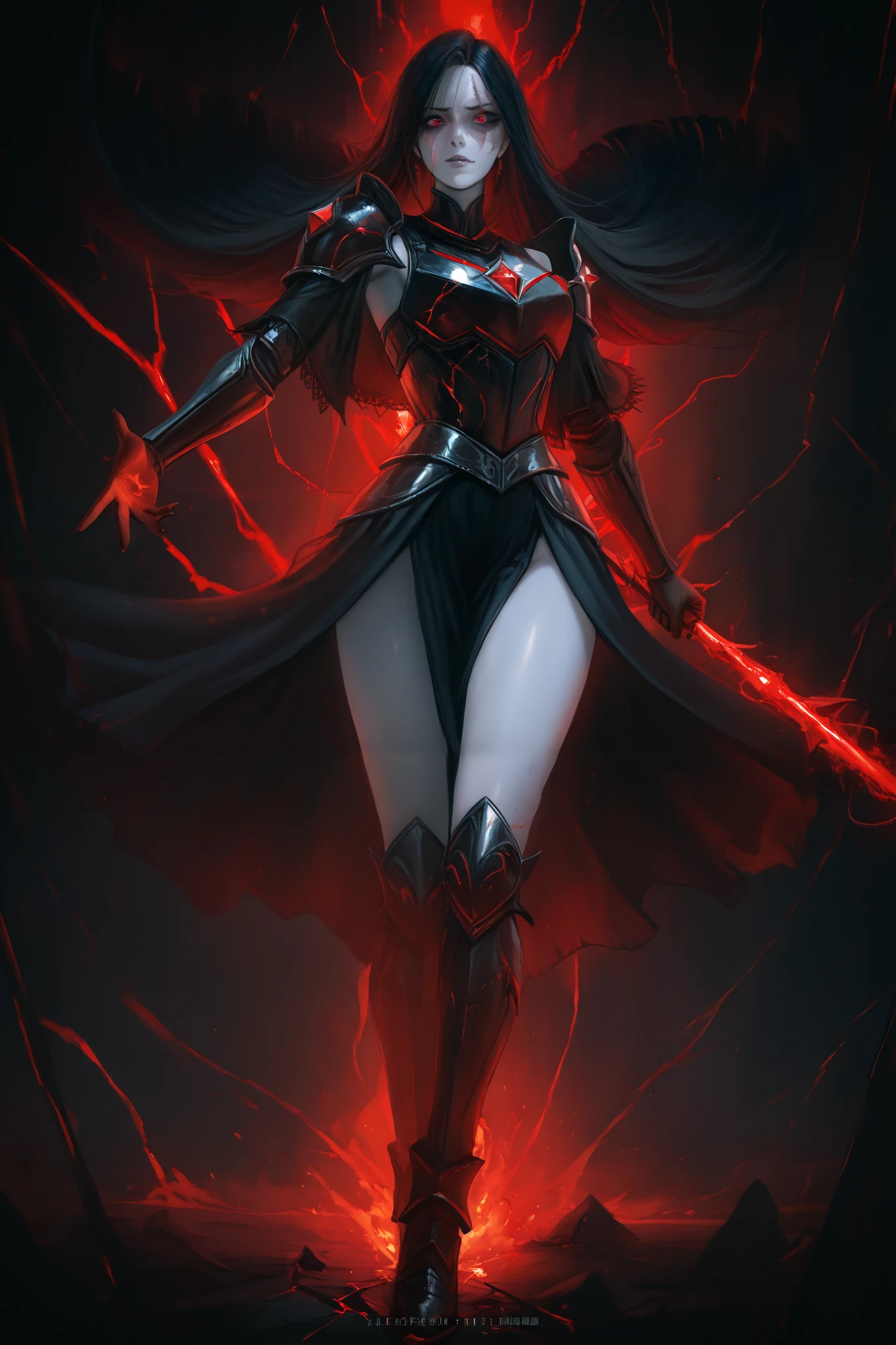 woman with long jet black hair,Slightly pale skin,A thin lightning-shaped scar runs from his right temple down to his blind left eye.Red eyes,A shiny black half-body armor decorated with red energy lines that look like flowing lava.The right shoulder wears a large broken armor.A long black shawl with the ends looking like they are burning.Long armor skirt (Hi-lo style) short in the front revealing the legs, long in the back reaching the floor.cool,sexy,A fierce face, Dark,devil