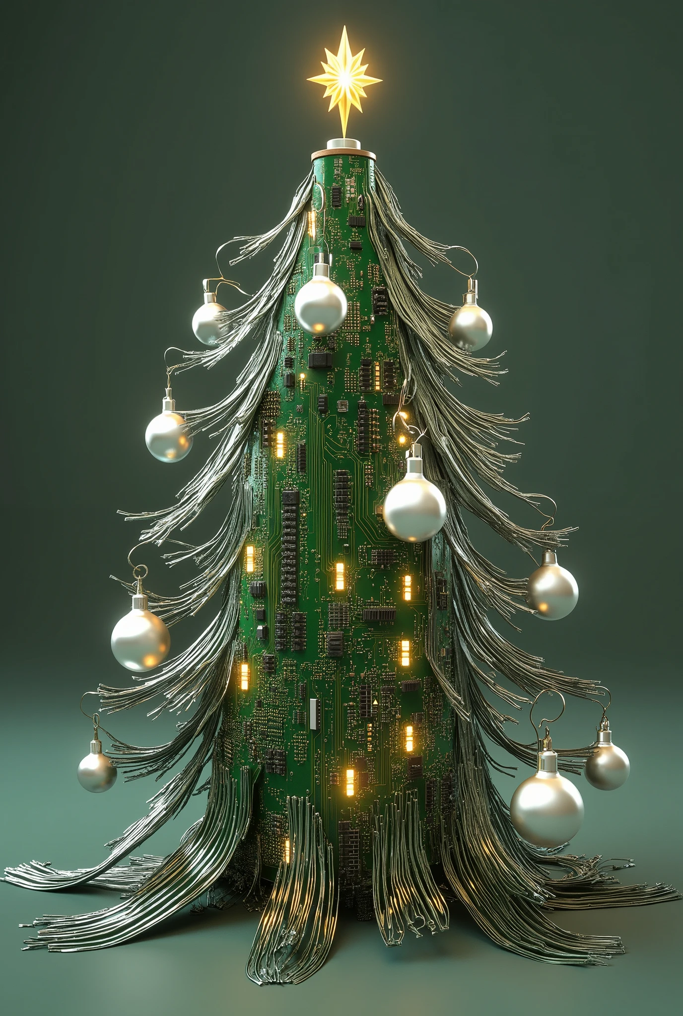 circuit paths style,Digital deity Christmas Tree composed of circuit paths,motherboard texture with glowing LED elements,silver traces forming branches and ornaments,quantum processor decoration,color scheme of green and gold,ray traced rendering.,3D model,3D rendering,photorealistic,