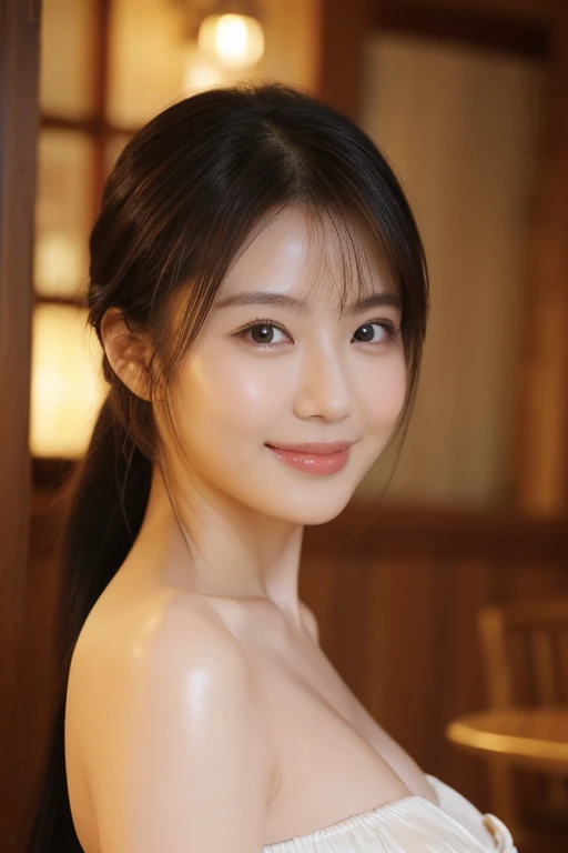 (Very detailed,masterpiece, 最high quality:1.2), (High resolution, 8k RAW photo, Realistic, Clear focus), (Natural light, Fabric Shading),1 female, Face close-up, Medium Chest, Light brown hair, Blunt bangs, hair behind the ear, Hair that falls over the shoulders,Slim figure, Ultra Fine Face, Thin face, Delicate lips, Beautiful Eyes, Lightly reddish, eyes are light brown, perfect glowing skin, Perfect Skin, Shining Sweat,See this, Ultra-fine needle, very thin fingers, The optimal ratio is four fingers to one thumb., (Realistic:1.3,topless:1.8), Finger extension, First Person View, Fujifilm, Small breasts, In 8K, Super Detail, high quality, 最high quality, High resolution,View your viewers,ponytail,smile