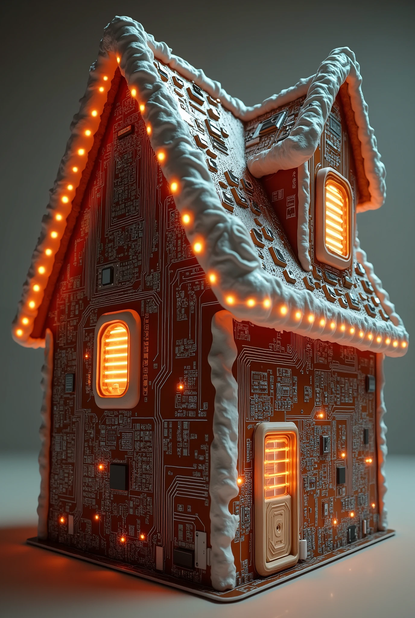 circuit paths style,Digital deity Gingerbread House composed of circuit paths,motherboard texture with glowing LED elements,silver traces forming a house,quantum processor decoration,color scheme of brown and white,ray traced rendering.,3D model,3D rendering,photorealistic,