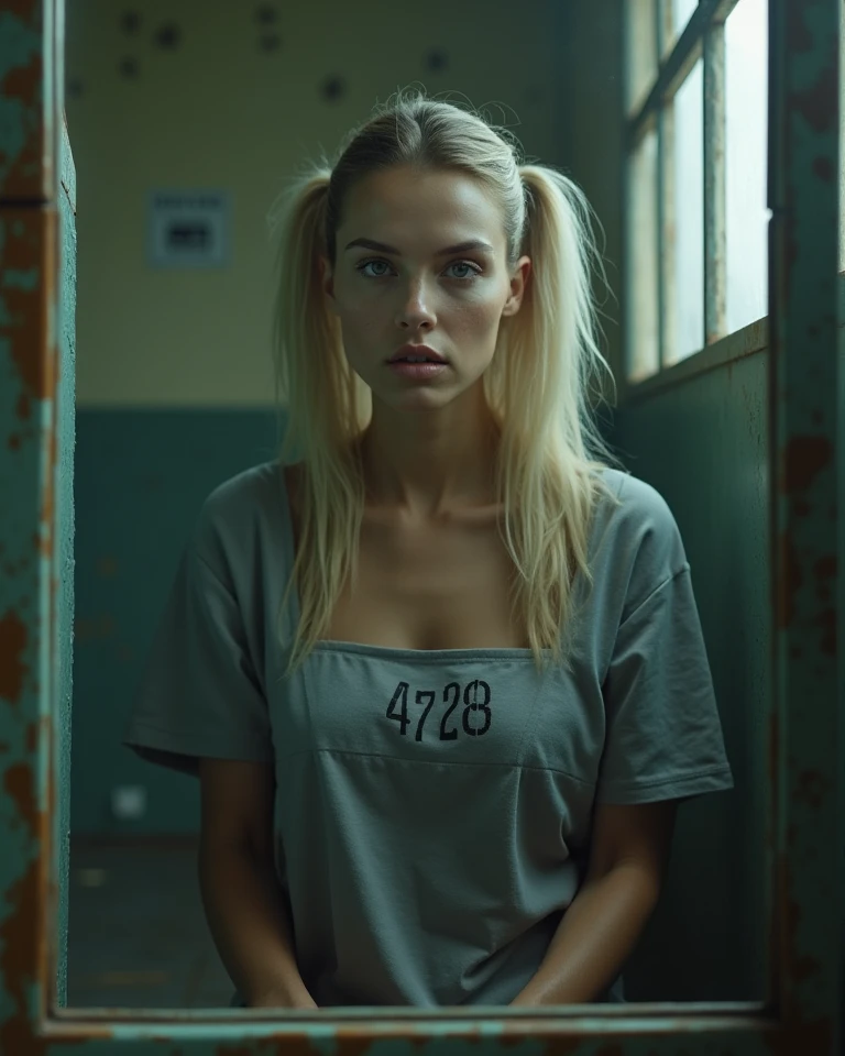 A stunning blonde model prison inmate sitting holding a telephone ...