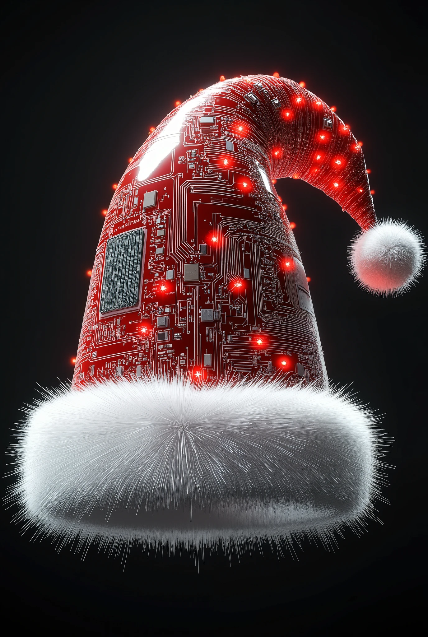 circuit paths style,Digital deity Santa's Hat composed of circuit paths,motherboard texture with glowing LED elements,silver traces forming the pompom and brim,quantum processor decoration,color scheme of red and white,ray traced rendering.,3D model,3D rendering,photorealistic,