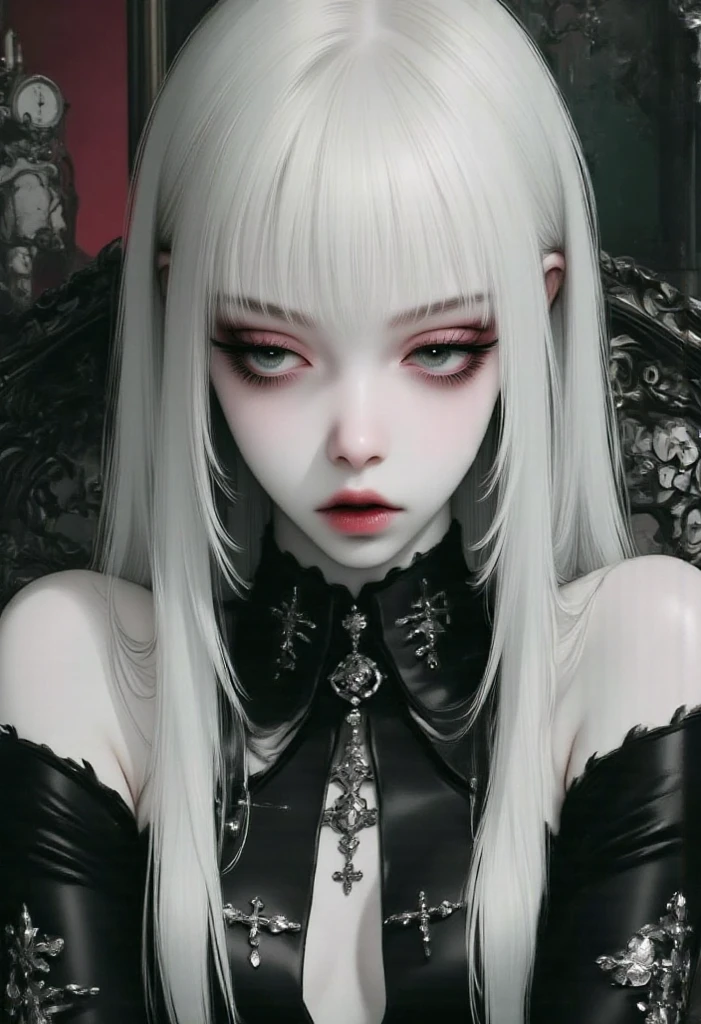 A vampiress, silver hair, deep blue eyes, serious sharp features, pale skin, dark shiny lips, dimed colors.