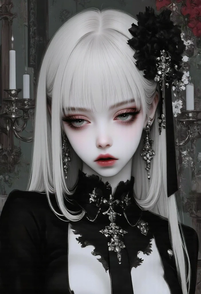 A vampiress, silver hair, deep blue eyes, serious sharp features, pale skin, dark shiny lips, dimed colors.