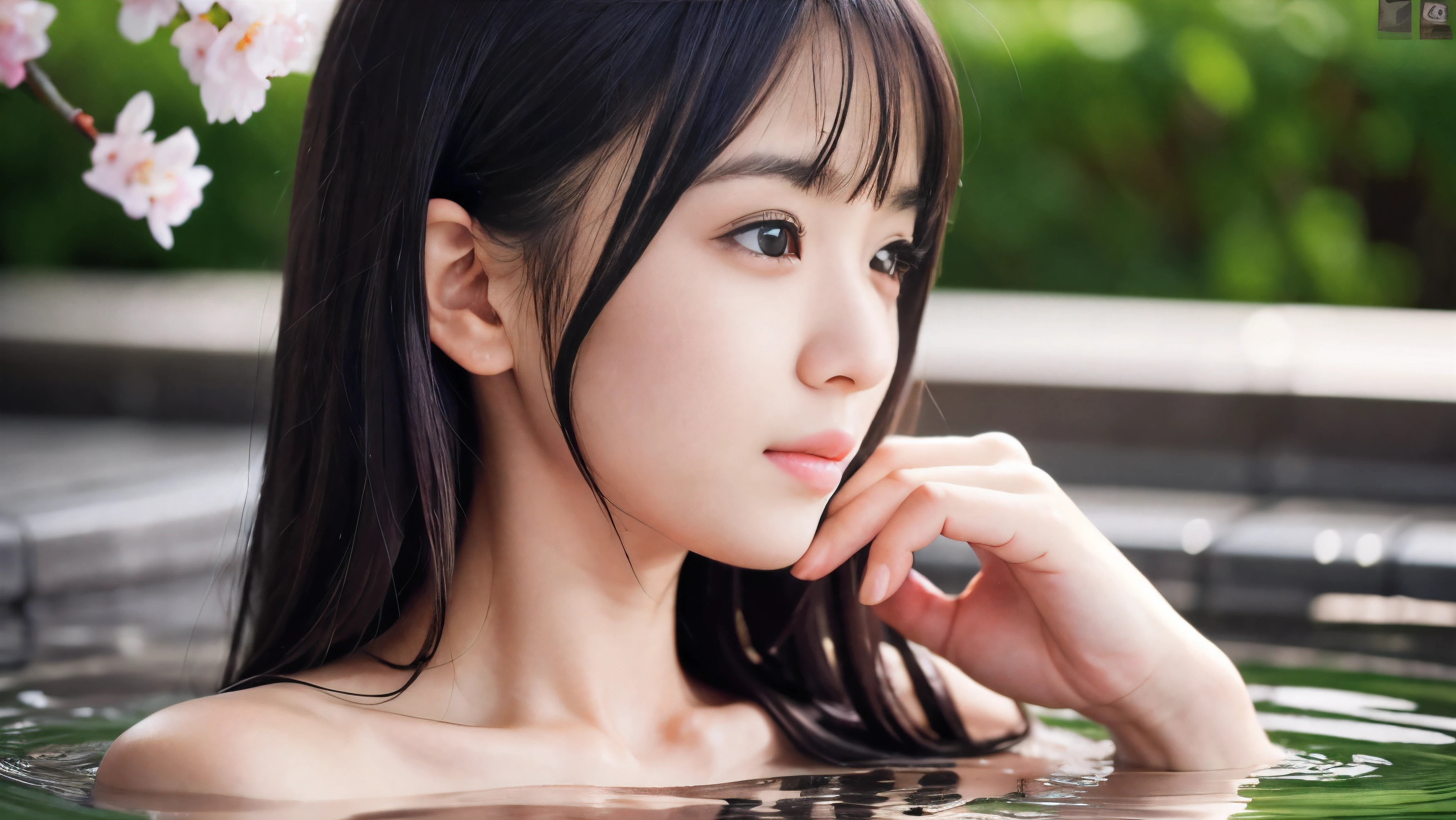 (Profile shot of a naked slender small breasts dark silver long hair with swept bangs girl:1.5)、(Naked girl is soaking in a milky color Japanese onsen outdoors with shy face:1.5)、(Outdoor Japanese onsen with milky white color and it has full bloom weeping cherry blossoms:1.5)、(blurred background:1.5)、(Natural light:1.5)、(8k ultra detailed master piece:1.5)、(perfect anatomy:1.5)、(Photorealistic stick:1.5)、(Raw photo:1.3)、(highest quality:1.5)、(High resolution:1.3)、(Delicate and beautiful perfect face:1.3)、(Delicate and beautiful eye air skin:1.3)、(Real Human Skin:1.3)、((thin legs))