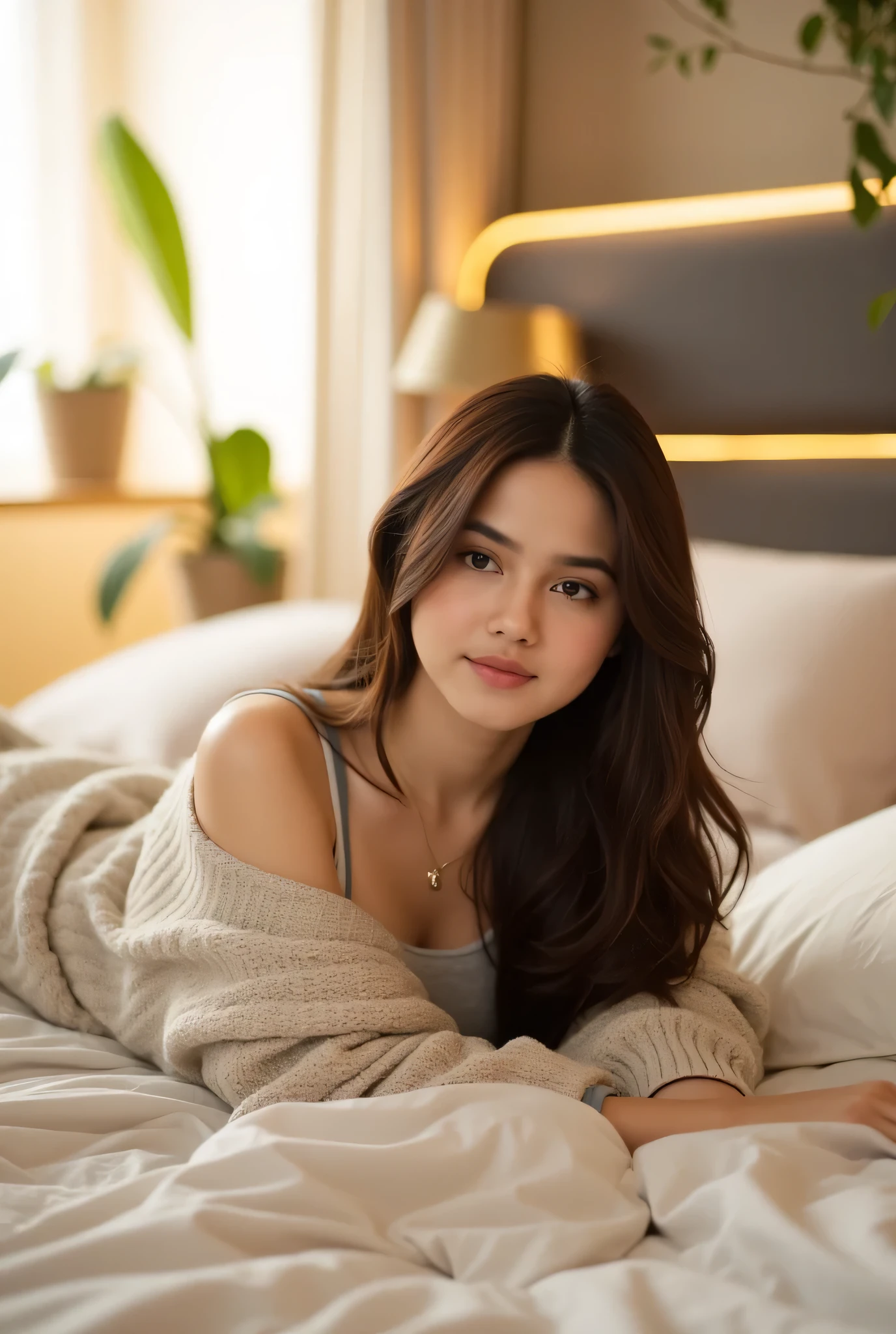 Create a realistic and detailed image of a young woman with long, flowing brown hair, styled in loose waves. She is lying comfortably on her side in a cozy, well-decorated bedroom. Her skin is fair and glowing, and her expression is relaxed and peaceful, as if she's enjoying a moment of tranquility. She is wearing a casual, comfortable outfit—perhaps a soft oversized sweater paired with cozy leggings or a simple tank top and shorts. The bed is plush, with a light, neutral-colored comforter and pillows scattered around her. The room is softly lit by warm, natural light filtering through a window, casting a calming glow across the scene. The background features simple, modern decor with a few decorative plants and light-colored wooden furniture, creating a serene, inviting atmosphere. The overall vibe of the scene is peaceful, comfortable, and intimate, showcasing a moment of calm in her personal space