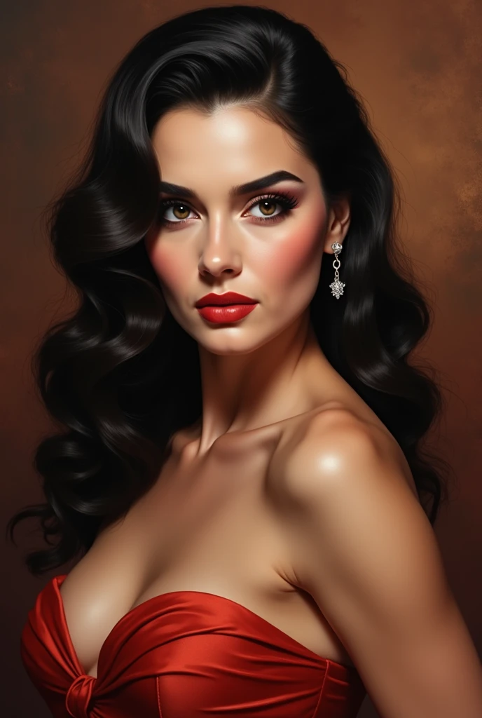 Emma Watson is a beautiful woman with cat ears.. She has brown eyes. She has long black hair with red roots. She has a beautiful face with human features.. she has big breasts. She is wearing a sexy, fitted red dress. Photorealistic style.