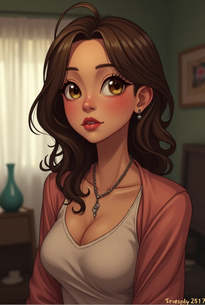Chestnut woman + big, intense brown almond-shaped eyes + short straight hair   + Fitted green dress + Brazilian 