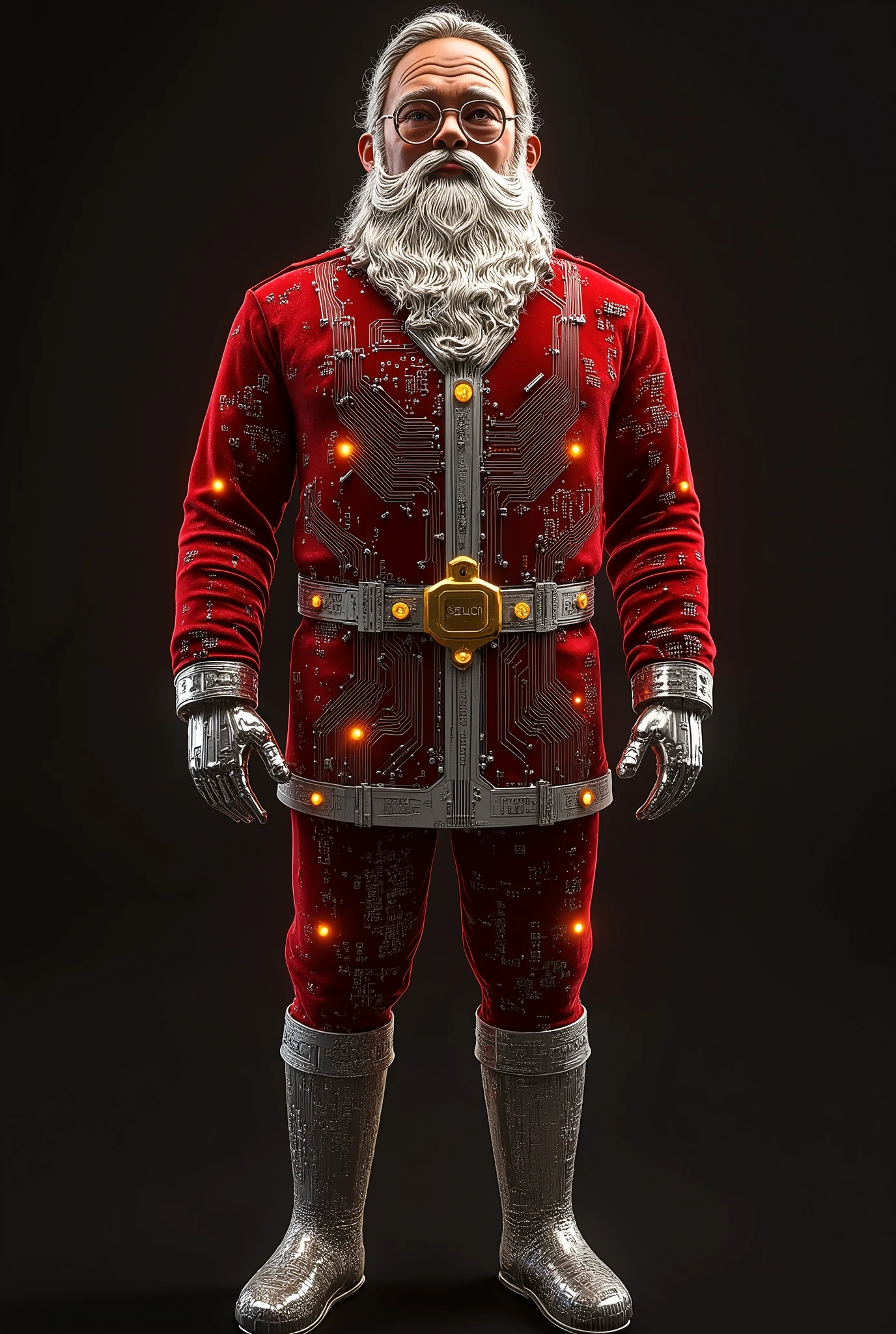 circuit paths style,Digital deity Kris Kringle composed of circuit paths,motherboard texture with glowing LED elements,silver traces forming a red velvet suit,quantum processor decoration,color scheme of crimson and gold,ray traced rendering.,3D model,3D rendering,photorealistic,