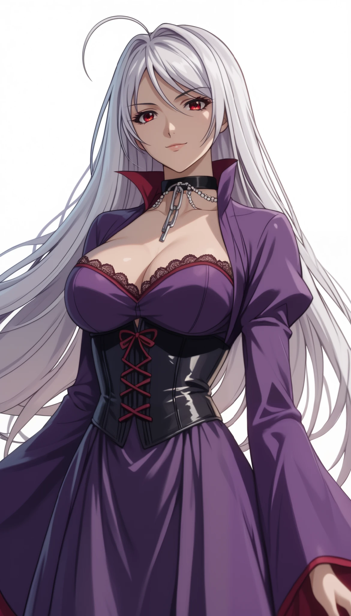 vampire moka akashiya, long hair, red eyes, ahoge, white hair, large breasts, chrushed velvet dress,wide sleeves, purple dress, choker, corset,lace trim, light smile,Shiny Hair、Tight waist、Small waist、Glowing Skin、(white background:1.2)、eight-headed body、Beauty、