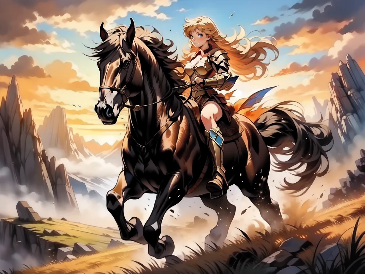 ((best quality)), ((anime masterpiece)), (high detailed), 8k, cinematic lighting, perfect face, perfect hand, large breast, cleavage, riding, horse, (((a young woman wearing a warrior armor watching a sunset while riding on a BROWN HORSE)), ([yang xiao long, bangs, {blonde hair}]), (armor, cleavage, bare legs, boots, sword on the back)), BREAK, ([brown horse, saddle, reins, bridle, standing]), solo, (on the grassland, mountainside, medieval settings:1), both hand holding rein, from side: 1, anatomically correct